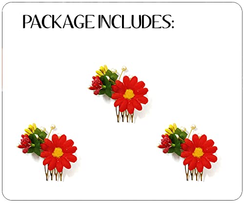 Artificial Flower Hair Clip with Leaf Design - Red Hairpins, Hair Claws & Hair Accessories for Women & Girls (Pack of 3) - Perfect for Weddings, Parties & Everyday Styling