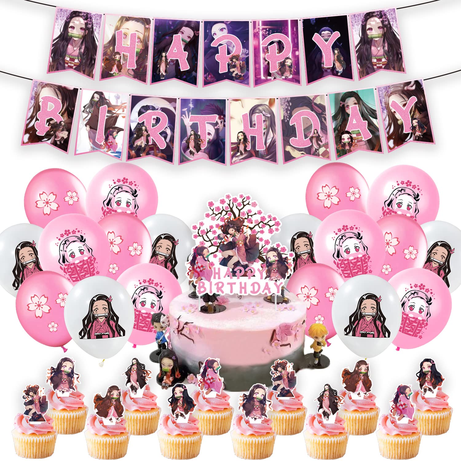 82 PCS Demon Slayer Anime Party Decorations Set - Nezuko Birthday Banner, Cupcake Toppers, Cake Topper, Balloons & Stickers - Perfect for Demon Slayer Themed Birthday Parties, Cosplay Events & Anime Fan Celebrations