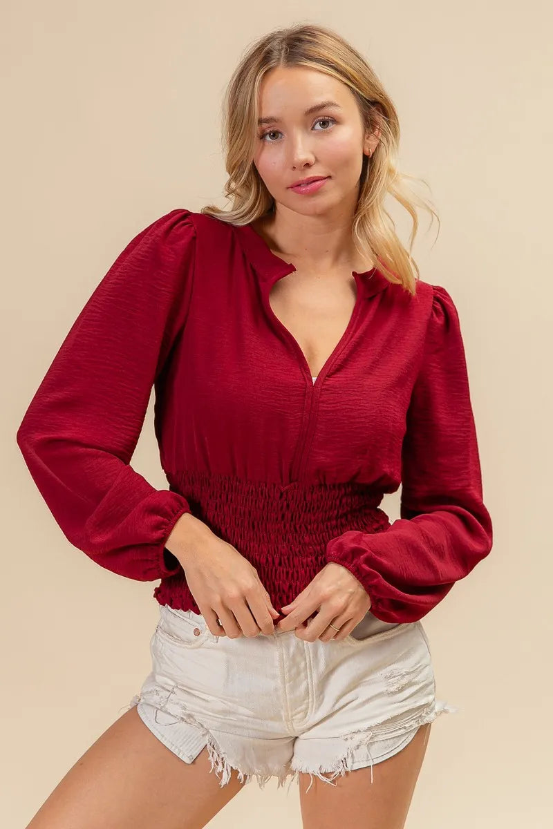 BiBi Smoking Waist Band & Puff Sleeves Deep V Neck Top - Sexy Women's Blouse for Night Out, Party & Date Night