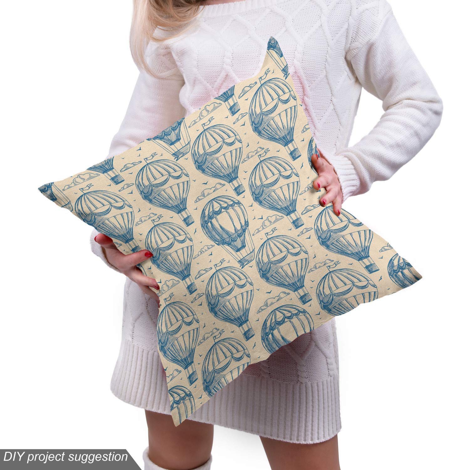 Ambesonne Blue and Beige Fabric by The Yard - Sketch Art Style with Hot Air Balloons, Clouds & Flying Birds - Decorative Upholstery & Home Decor Fabric - 10 Yards Navy & Beige - Perfect for DIY Projects, Curtains, Pillows & Furniture Covers