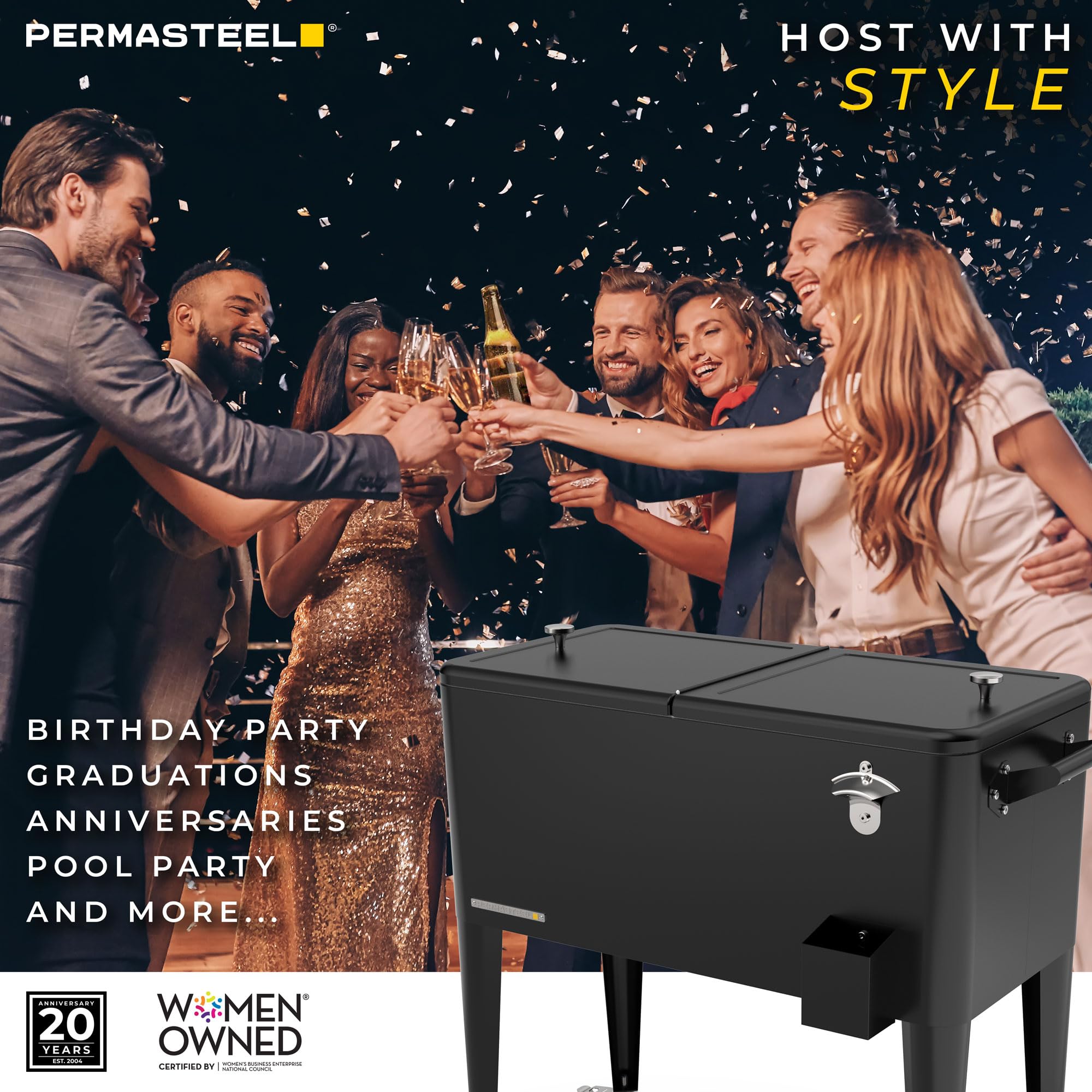 Permasteel 80-QT Classic Outdoor Patio Cooler with Wheels & Handles - Retro Design Beverage Bar Cart for Backyard, Picnics & Tailgating - Perfect for Outdoor Parties, Camping & Beach Trips