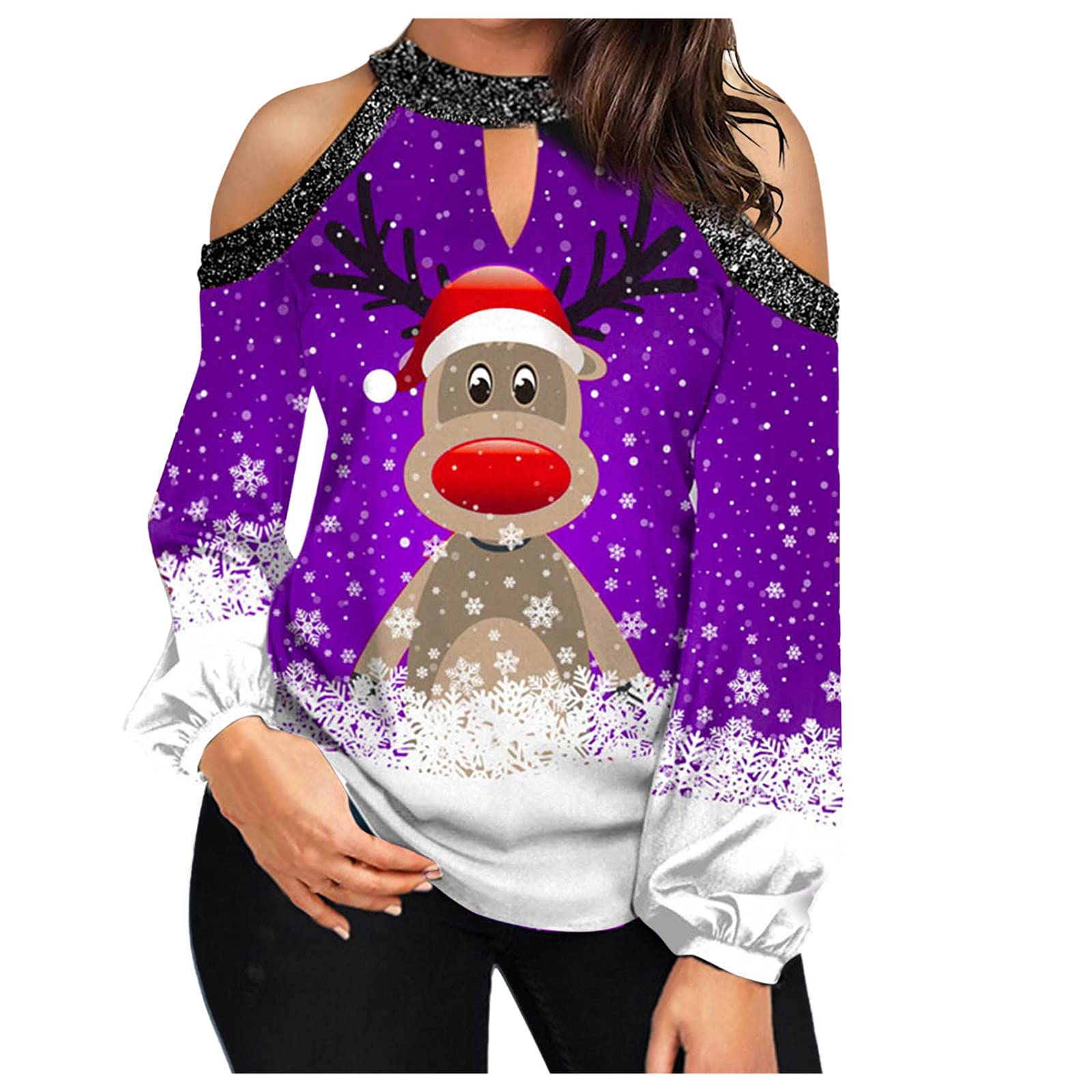 FMCHICO Women's Christmas Off Shoulder Long Sleeve Blouse - Casual Pullover Tops for Holiday Parties, Family Gatherings & Festive Outfits