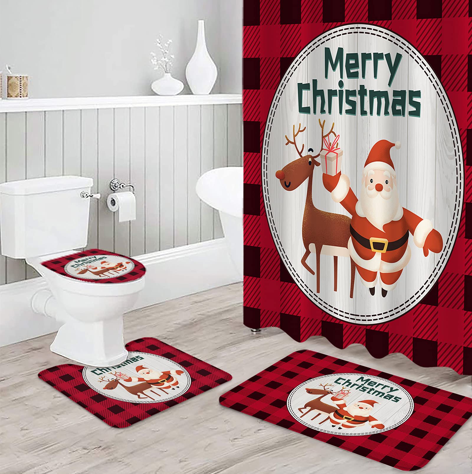 4-Piece Christmas Shower Curtain Set with 12 Hooks - Santa Claus Deer Buffalo Plaid Bathroom Decor with Non-Slip Mat & Toilet Cover - Waterproof Holiday Bath Set for Festive Home Decor