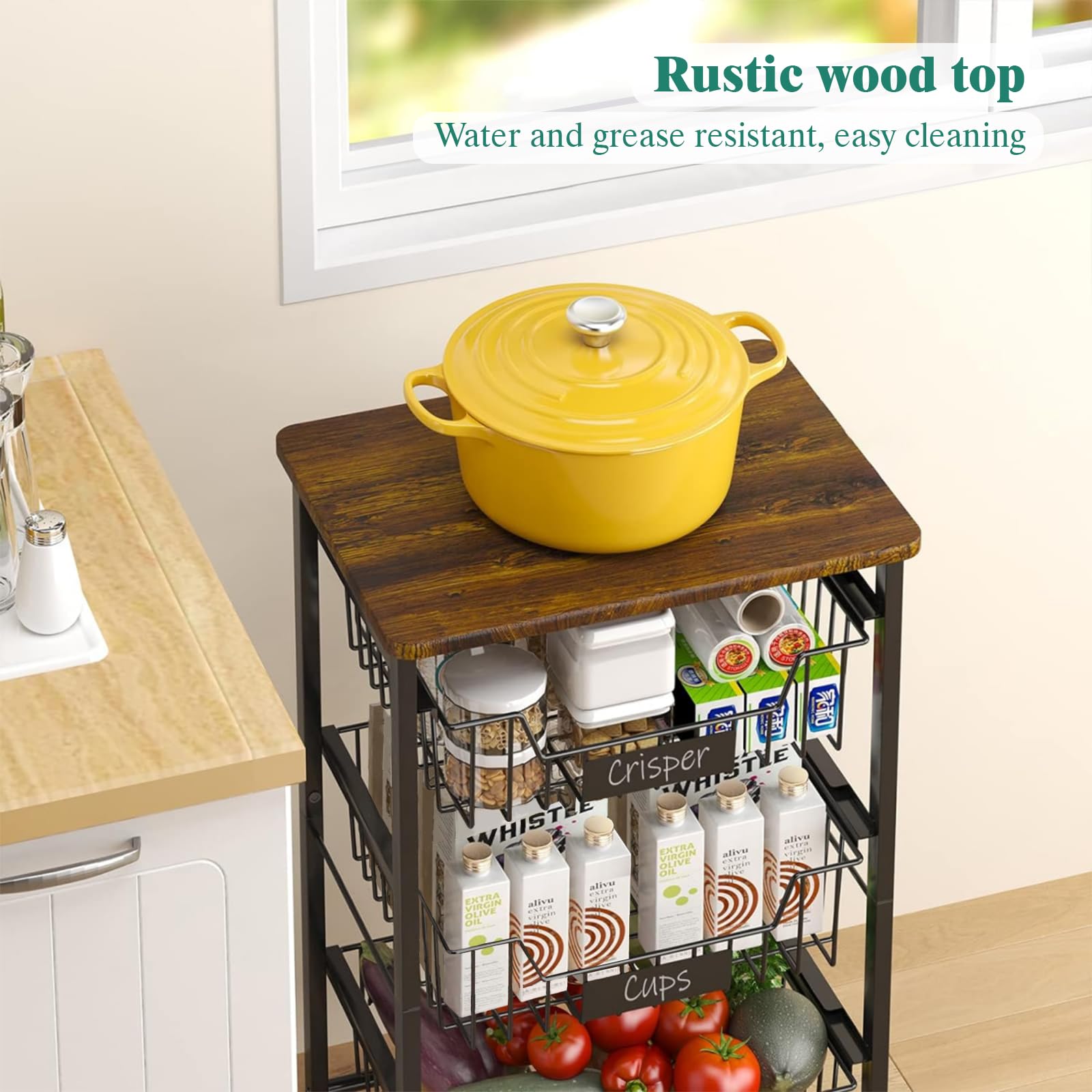 5-Tier Rolling Kitchen Cart with Pull-Out Baskets & Wood Top - Space Saving Fruit Vegetable Storage Organizer for Pantry, Dining Room & Small Spaces - Perfect for Fresh Produce Display & Kitchen Organization
