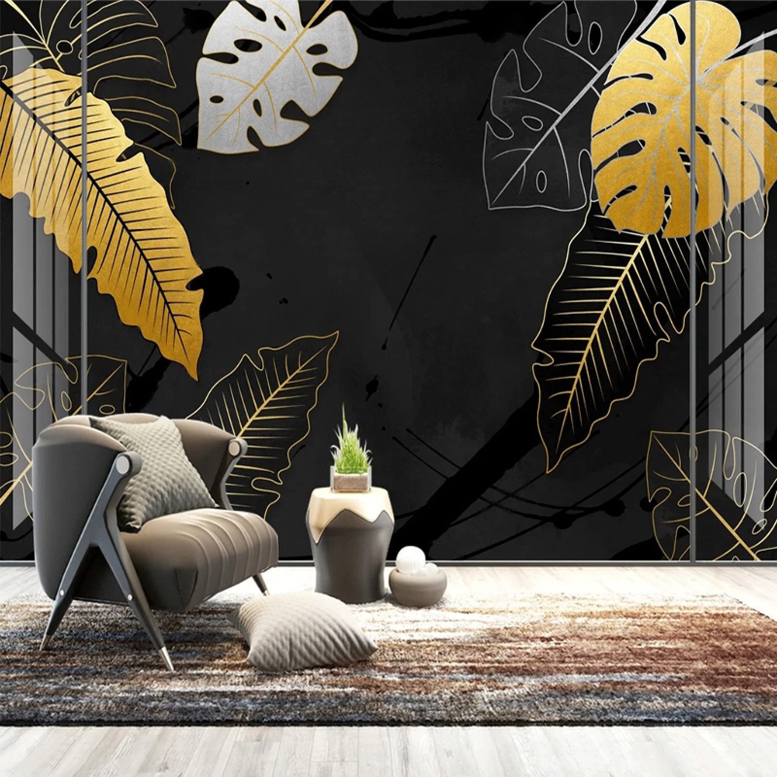 Custom 3D Golden Leaf Wallpaper - Modern Botanical Wall Mural for Living Room, Bedroom & TV Background - Peel & Stick Home Decor - Perfect for Accent Walls & Interior Design