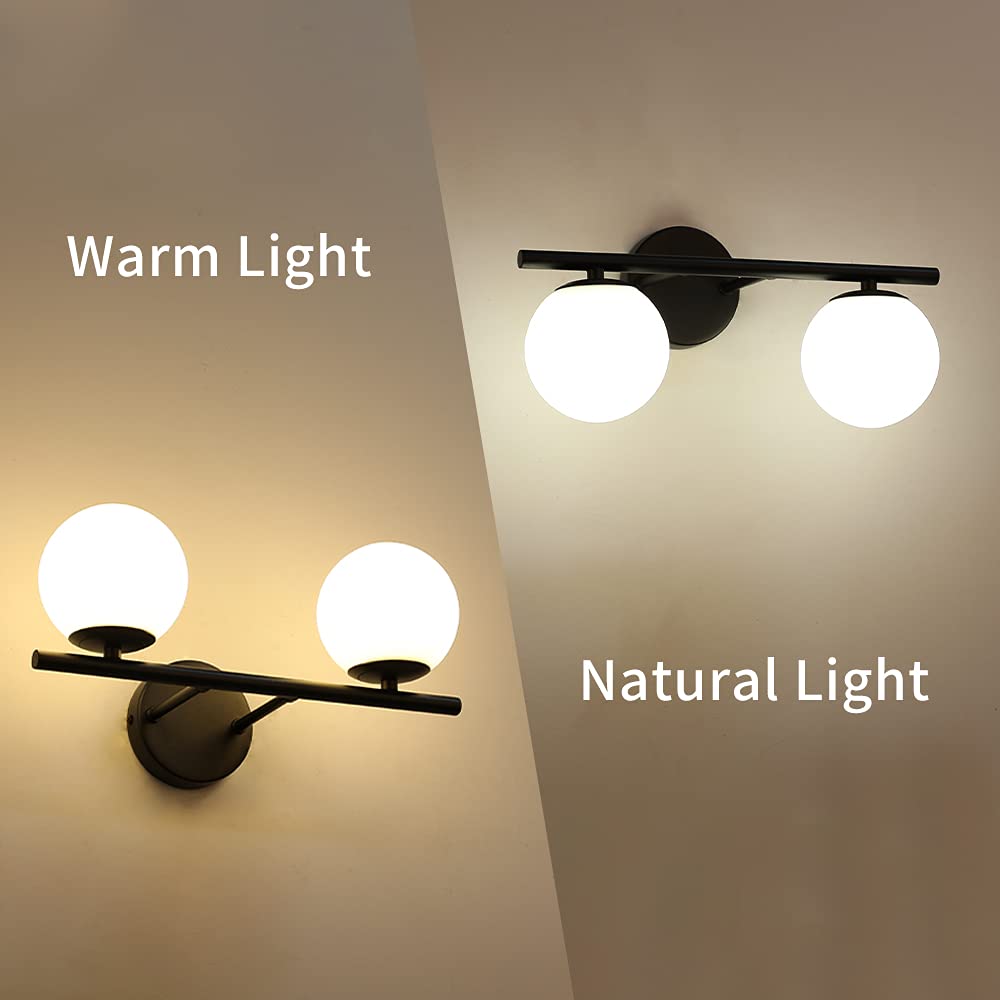 Modern Brushed Black Bathroom Vanity Light Fixtures with Milk White Globe Glass Shade - Wall Sconce for Mirror Lighting, Perfect for Contemporary Home Decor and Spa-Like Ambience