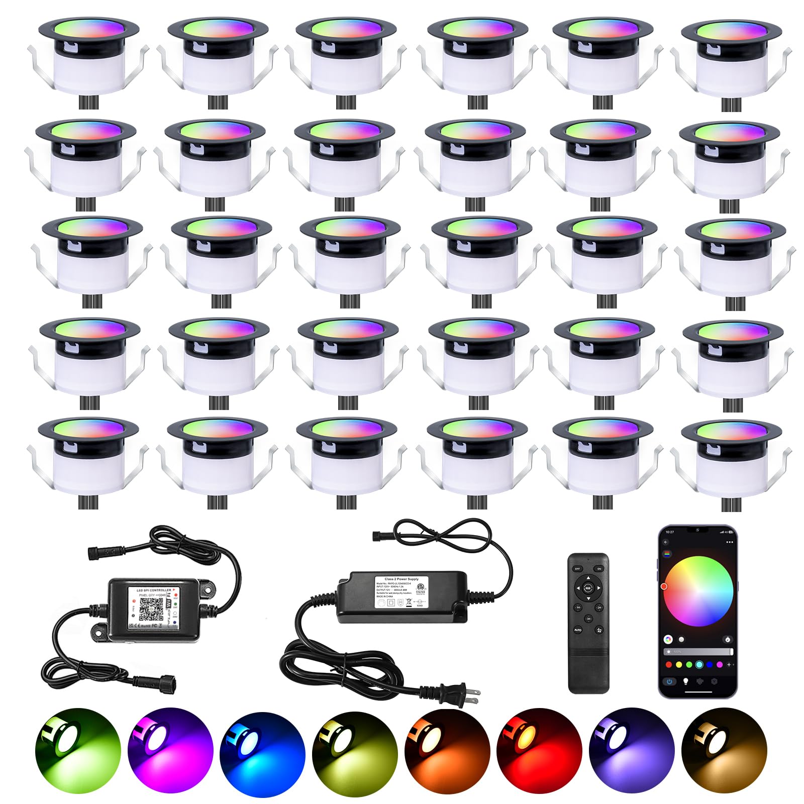 30 Pack RGBW Deck Lights with WiFi Control - 1.77 Inch LED Step Lights, Low Voltage 12V DC, IP67 Waterproof for Outdoor Stairs & Patio - Smart Remote & App Control for Home Landscape Lighting