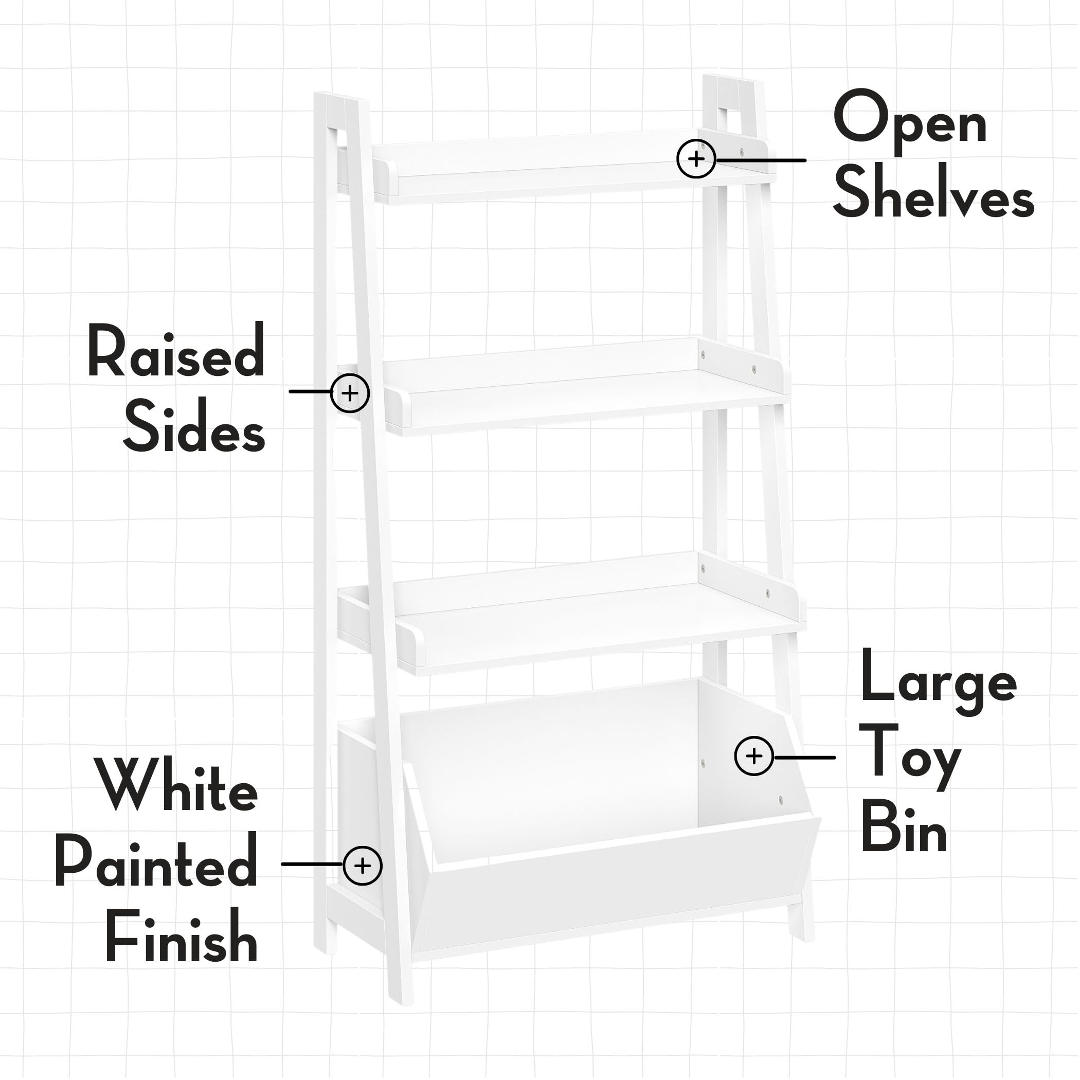RiverRidge Kids 4-Tier Ladder Shelf Bookcase with 2 Taupe Fabric Bins - Toy Organizer & Book Display Stand for Nursery, Playroom & Bedroom - Spacious Open Shelves for Books, Toys & Games Storage