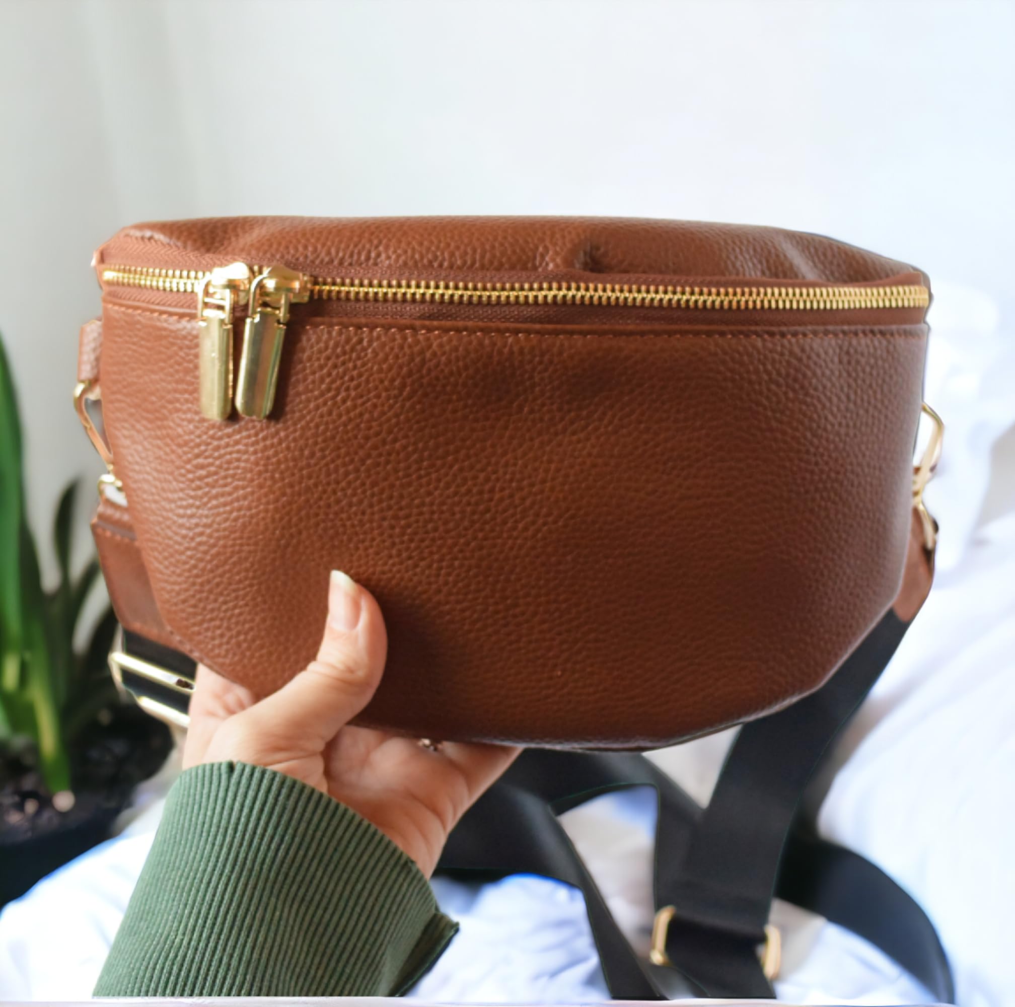 Trendy Women's Leather Fanny Pack Crossbody Bag - Small Sling Purse for Travel, Hiking & Everyday Use - Nutmeg Color Belt Bag (Vacation Essentials)