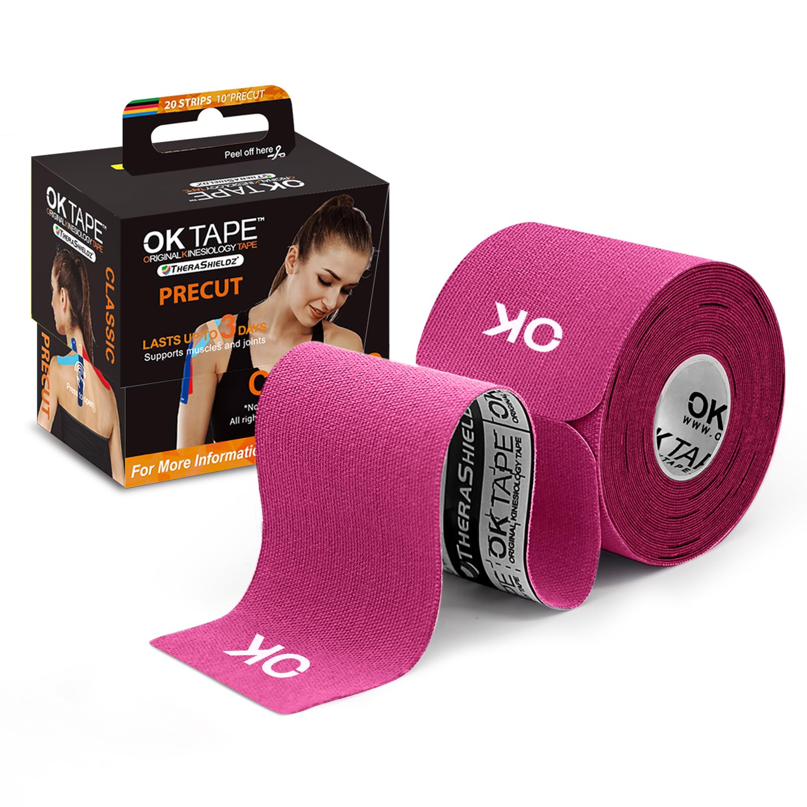 OK TAPE Kinesiology Tape - 20 Precut Strips (10 inches Each), Cotton Elastic Athletic Tape, Latex-Free, 2in x 16ft, Pink - Ideal for Sports Recovery, Muscle Support & Pain Relief