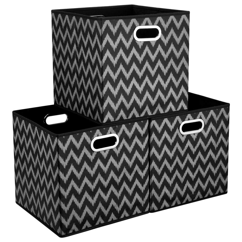 Foldable Fabric Storage Cubes 13x13x13 Inch - Black Chevron Printed Cloth Bins with Drawer for Closet, Shelf & Home Organization | Perfect for Toys, Books & Wardrobe Storage (QY-SC03-3)