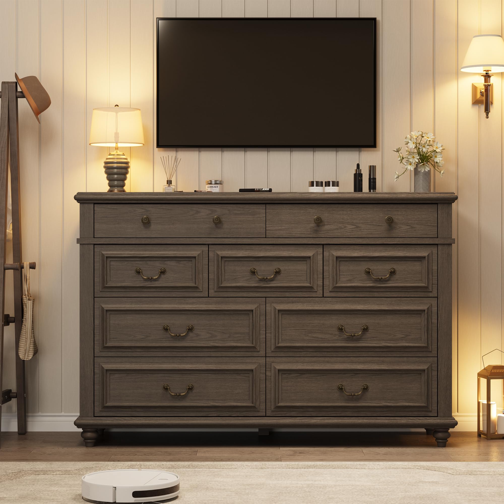 Farmhouse 9-Drawer Dresser with Deep Storage - Large Grey Wooden Chest of Drawers for Bedroom, Living Room & Hallway | Perfect for Organizing Clothes, Linens & Home Decor (Grey, 9-Drawer)