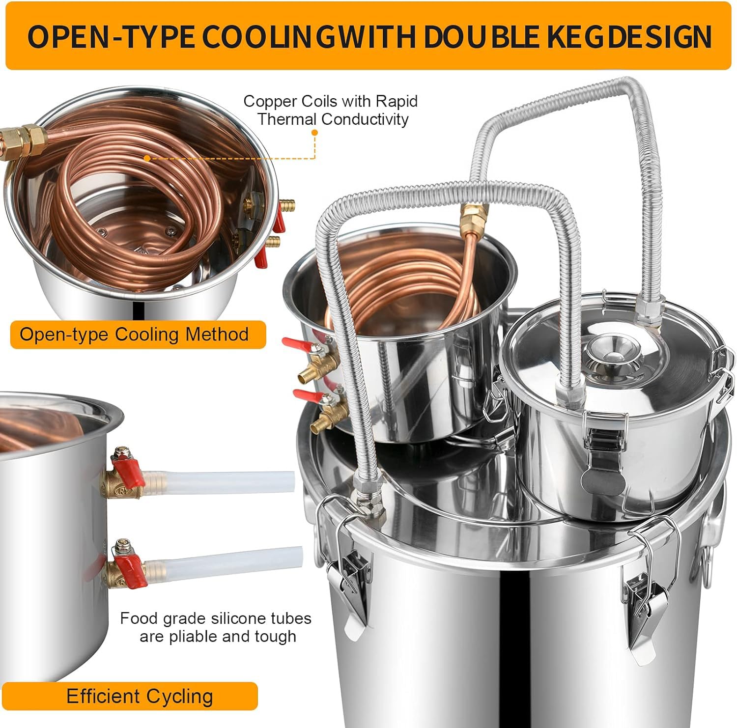 Premium 9.6Gal Alcohol Still with Copper Tube - Stainless Steel Water Distiller Kit for Home Brewing Whisky, Gin & Brandy | Built-in Thermometer | Perfect for DIY Distilling, Moonshine Making & Craft Cocktails