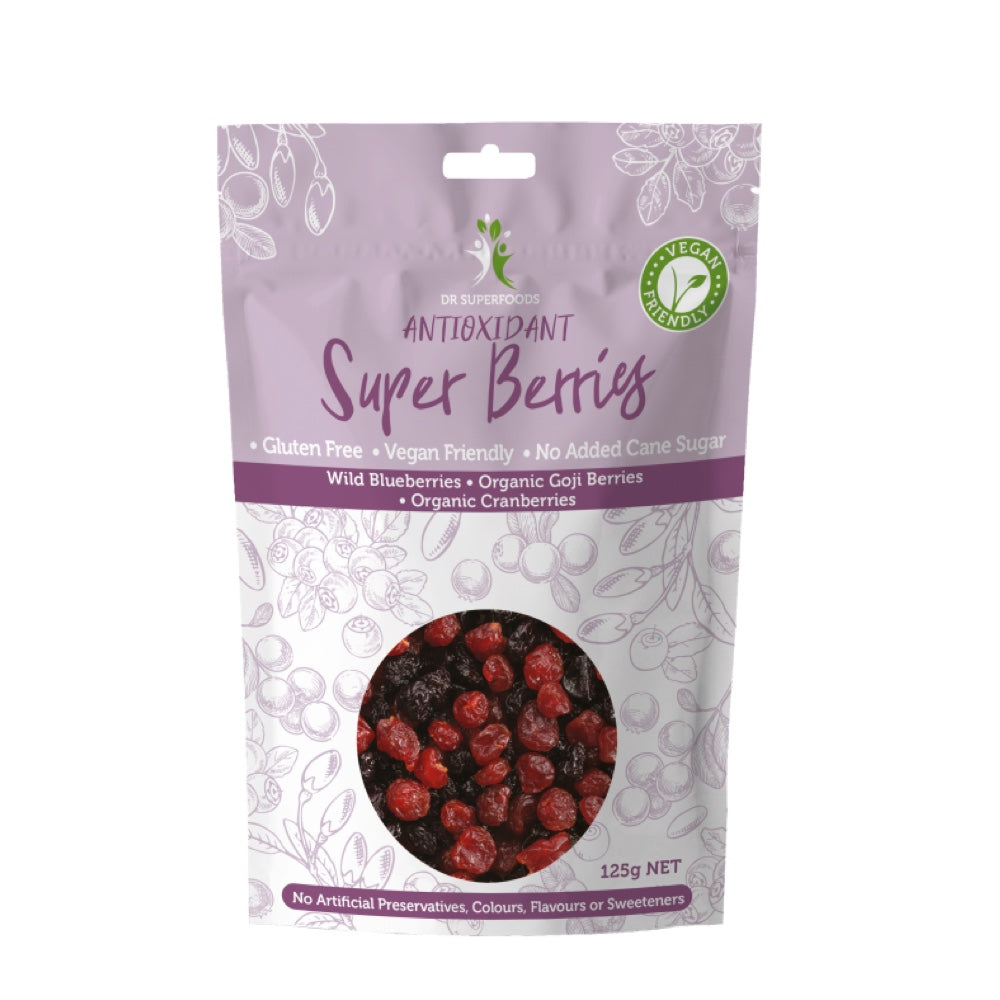 DR SUPERFOODS Organic Dried Antioxidant Super Berries Mix - Blueberries, Goji & Cranberries, 125g (4.4oz) | Healthy Snack for Smoothies, Yogurt & Baking | Vegan, Gluten-Free Superfood