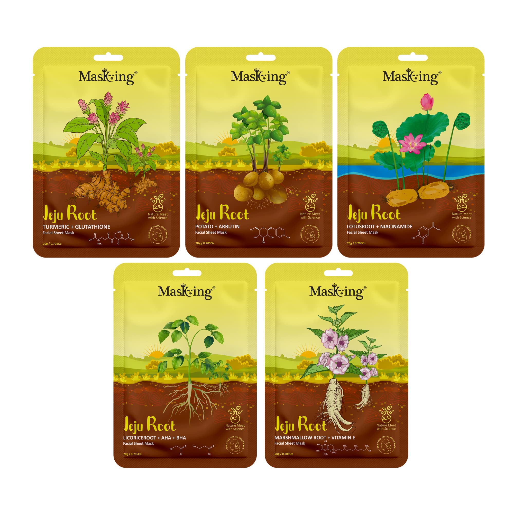 Jeju Root Face Sheet Mask for Glowing & Firming Skin - Hydrating & Anti-Aging Facial Mask for Women & Men (5 Pack) | Perfect for Daily Skincare Routine & Spa Night