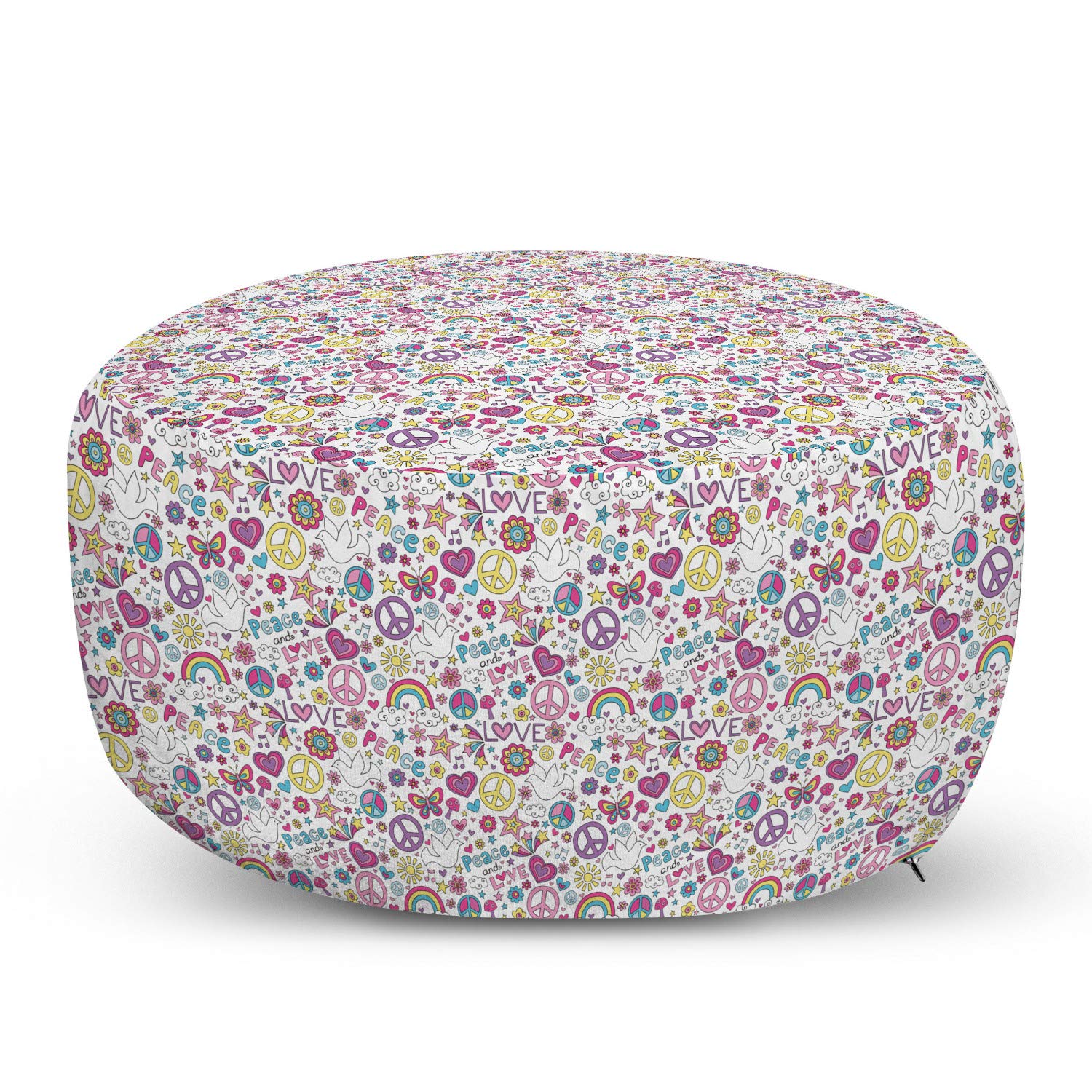 Ambesonne Hippie Ottoman Pouf - 60s Retro Peace Love Mushroom Stars & Hearts Design - Soft Foot Rest with Removable Cover for Living Room & Bedroom - Multicolor Bohemian Decor - Perfect for Meditation Spaces, Music Rooms & Cozy Home Decor