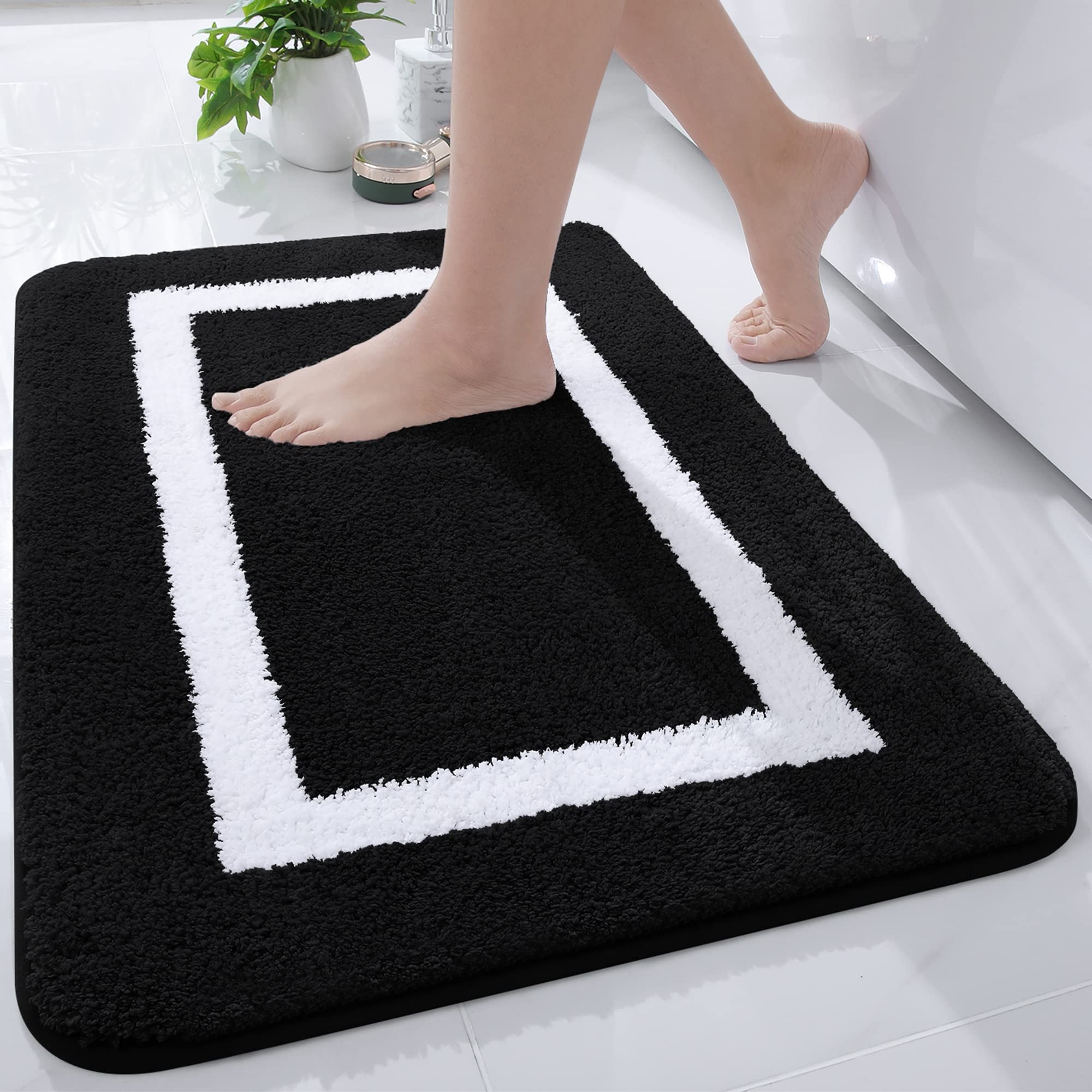Luxury Bathroom Rug Mat - Ultra Soft Water Absorbent Microfiber Bath Mat, Non-Slip Plush Shaggy Carpet for Bathroom Floor, Tub & Shower - Machine Washable - 16x24 Inches - Black - Perfect for Spa-Like Bathroom Decor & Cozy Home Comfort