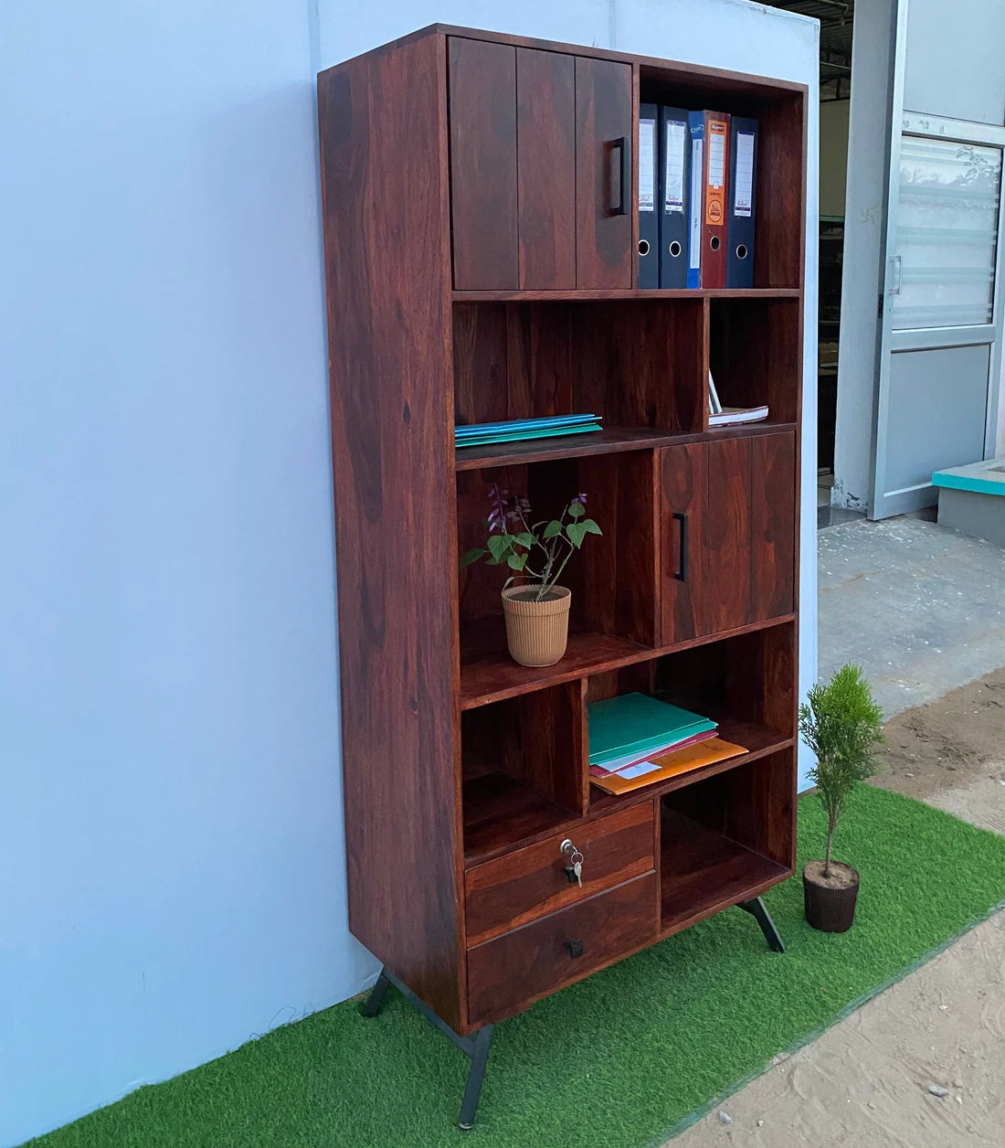 Gfine Solid Sheesham Wood Bookshelf with 2 Doors & 2 Drawers - 86x40x183cm - Stylish Home Office & Living Room Storage Solution