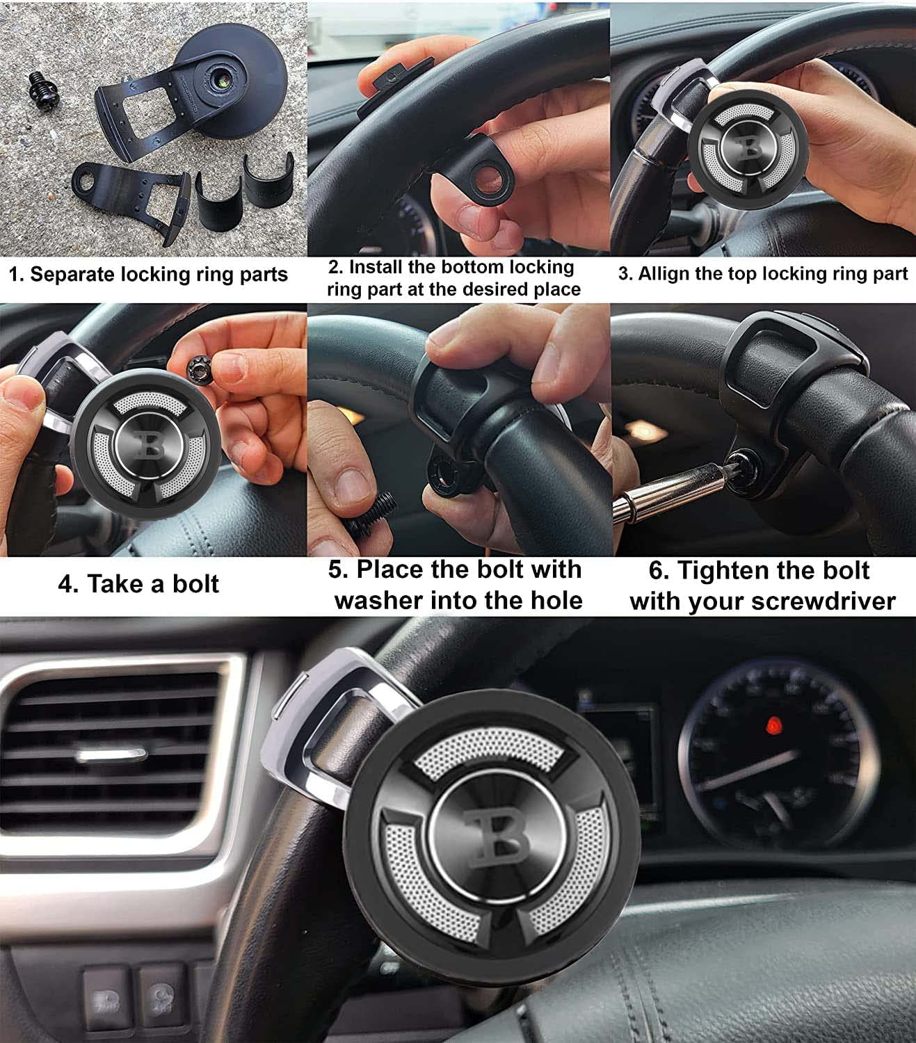 BL Universal Non-Slip Steering Wheel Spinner Knob - ABS & High Gloss Chrome Plated Suicide Knob with Metal Ball Bearing for Easy Installation (Black Platinum) - Perfect for Truck, Tractor & Heavy Equipment Drivers