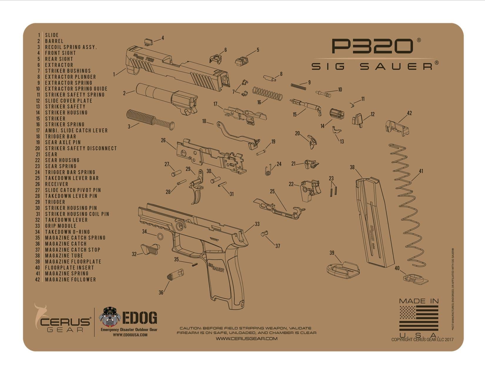 EDOG P320 Gun Cleaning Mat - Tan Schematic (Exploded View) for Sig Sauer P320 TAN Series Pistols | 3mm Padded Firearm Protection Pad | Oil-Resistant Workbench Mat for Gun Maintenance & Magazine Storage