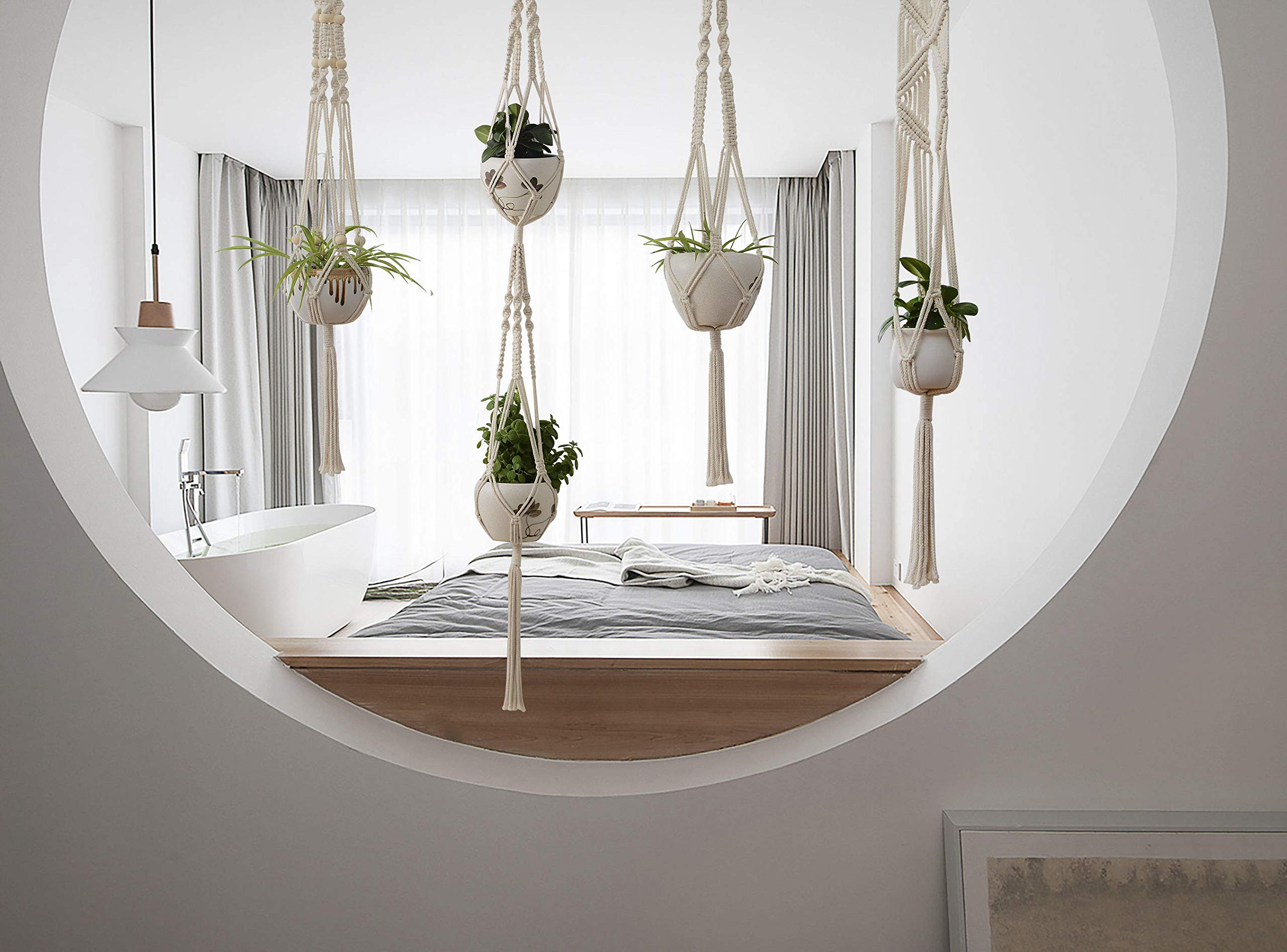 SO CAL PRO 5-Pack White Macrame Plant Hangers with Hooks - Boho Home Decor for Indoor Plants, Wall Hanging, Living Room, Bedroom & Patio
