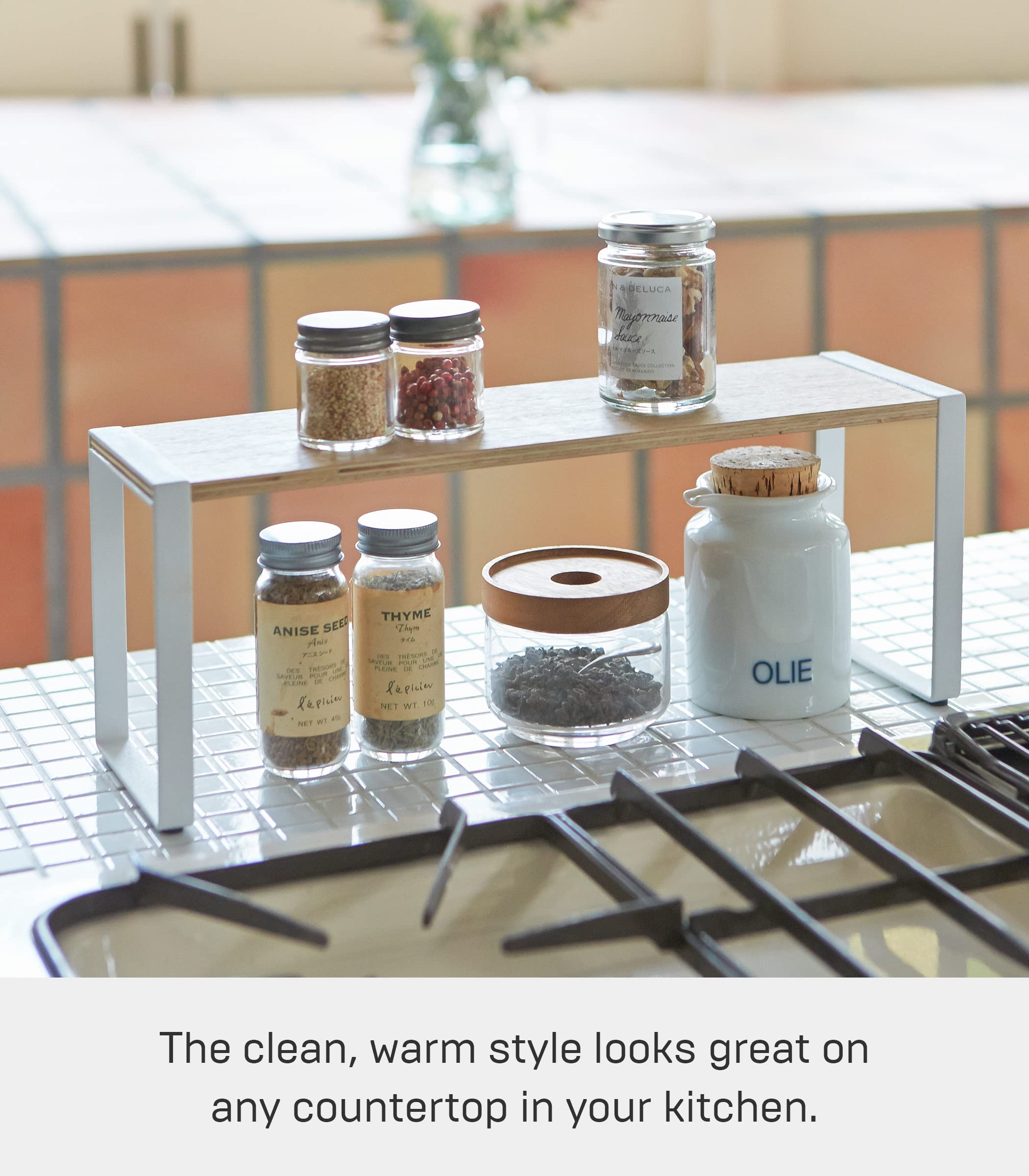 Yamazaki Home Kitchen Rack - Countertop Storage Shelf Organizer with Steel Frame & Wooden Shelves | Space-Saving Solution for Spices, Utensils & Small Appliances