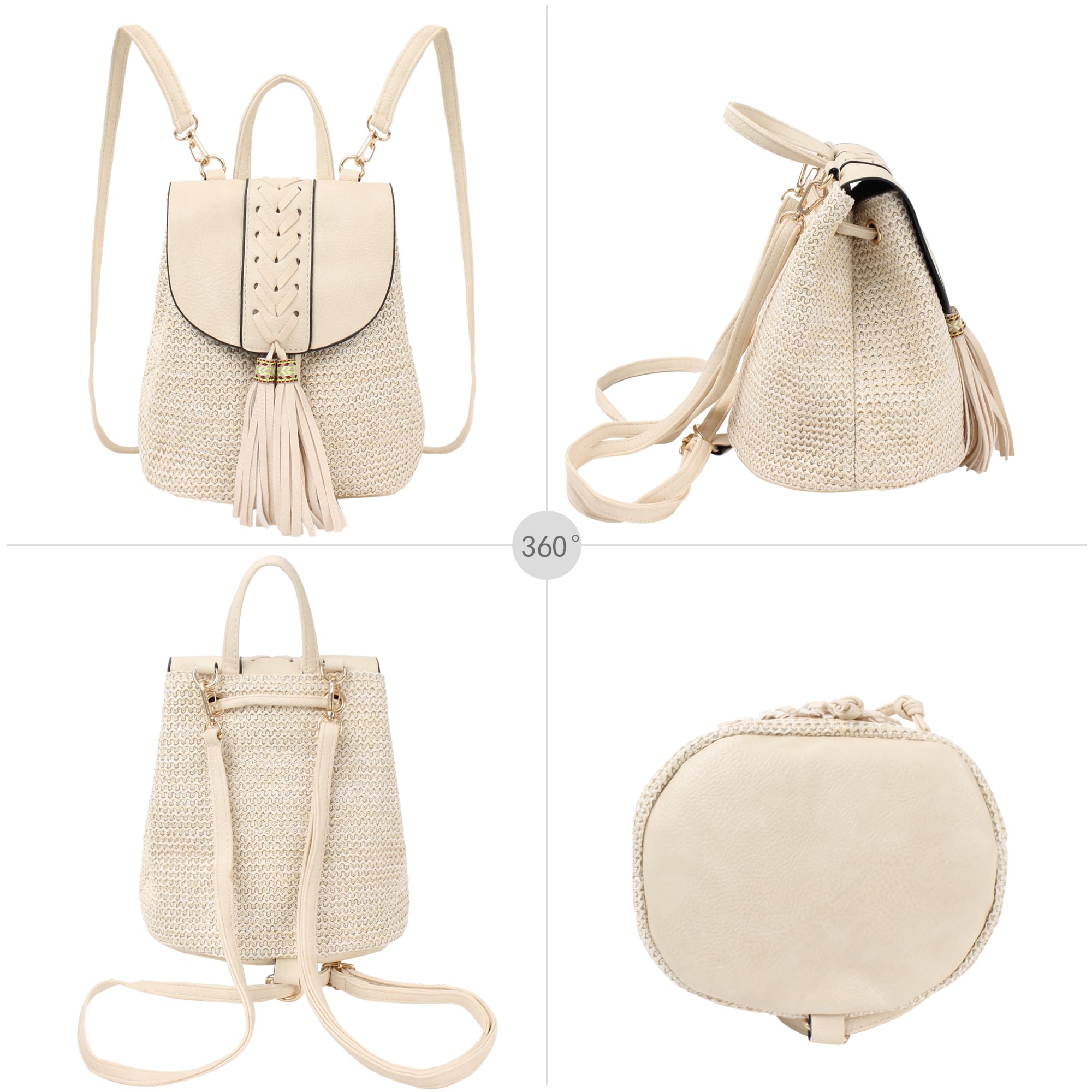 Women's Mini Braid Tassel Straw Woven Backpack - PU Leather Flap Drawstring Daypack, Small Convertible Crossbody Purse for Beach, Travel & Everyday Use