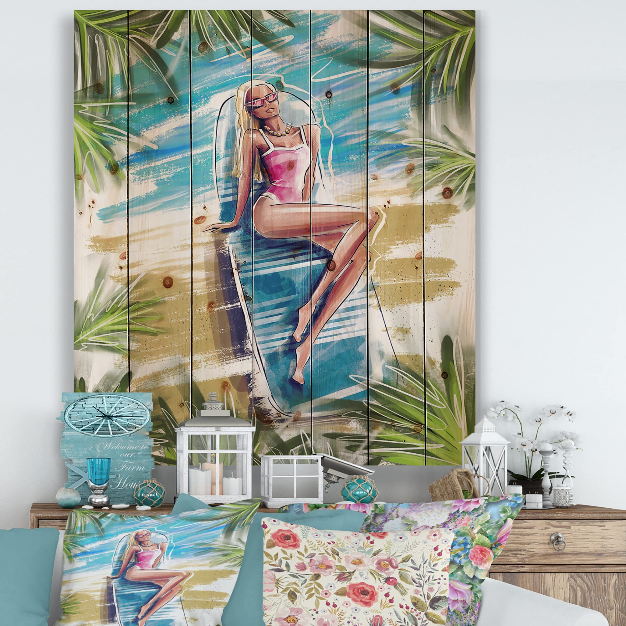 Beautiful Blonde Model Beach Sunbathing Nautical Coastal Wood Wall Art - Blue Ocean Themed Large Pine Wood Wall Decor for Living Room, Bedroom & Beach House