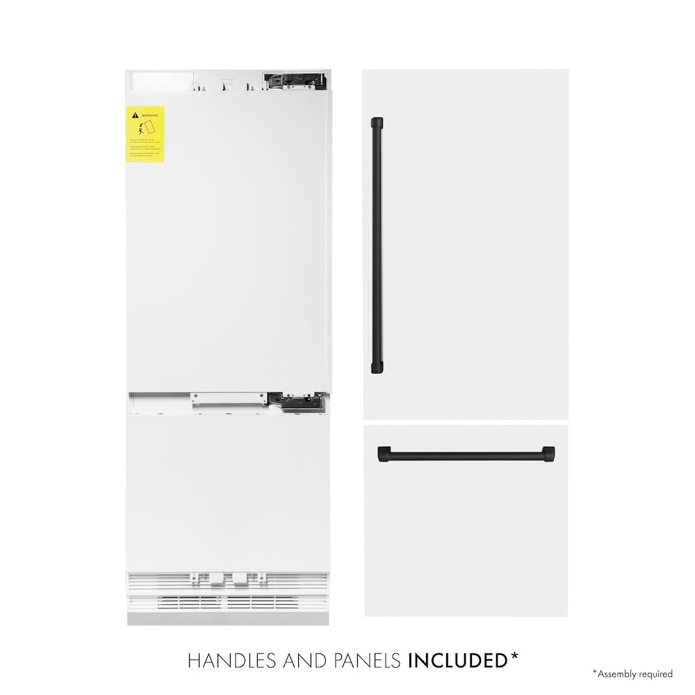 ZLINE Autograph Edition 30 Inch Built-In Bottom Freezer Refrigerator - 16.1 cu ft Capacity, Water Dispenser & Ice Maker - White Matte with Matte Black Accents (RBIVZ WM 30 MB) | Perfect for Modern Kitchens, Open Concept Homes & Luxury Appliances Collection
