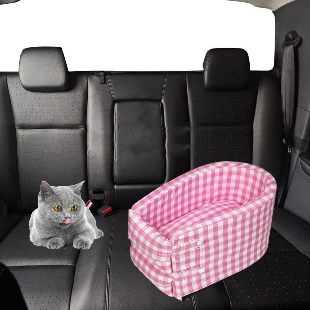 GAH Portable Pet Car Seat - Anti-Slip & Washable Dog & Cat Car Cushion for Small Pets, Pink Plaid Design - Perfect for Travel, Road Trips & Vet Visits