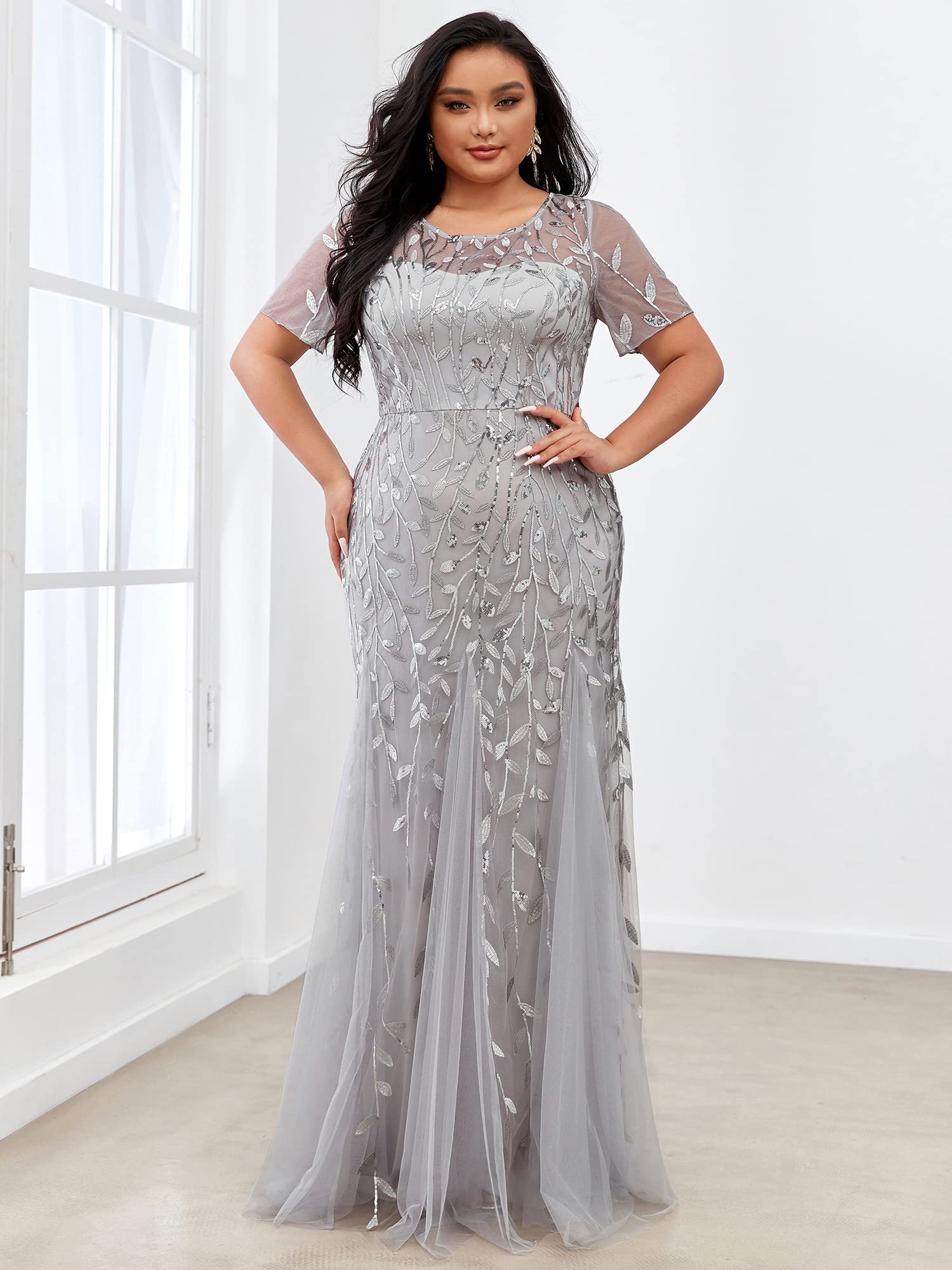 Ever-Pretty Women's Plus Size Formal Dress with Embroidery & Sequin Details - Short Sleeve Bodycon Maxi Gown 07707-PZUSA | Perfect for Weddings, Prom, Evening Parties & Special Occasions