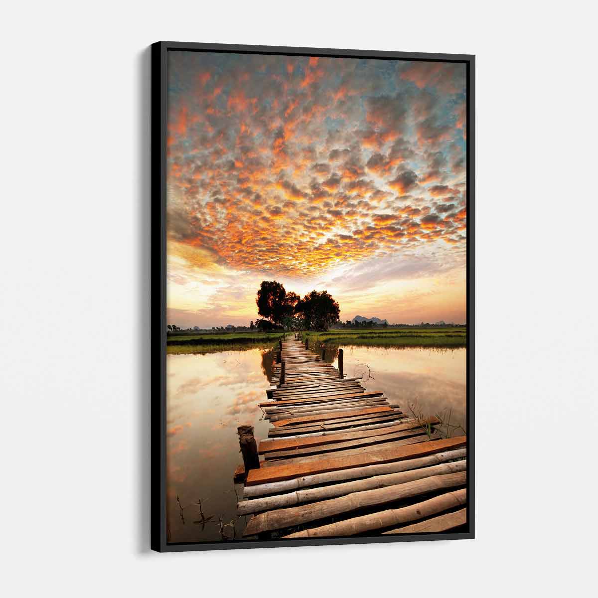 Orange Sunrise Bridge Wall Art Canvas Print - Modern Landscape Painting for Living Room, Bedroom & Office Decor
