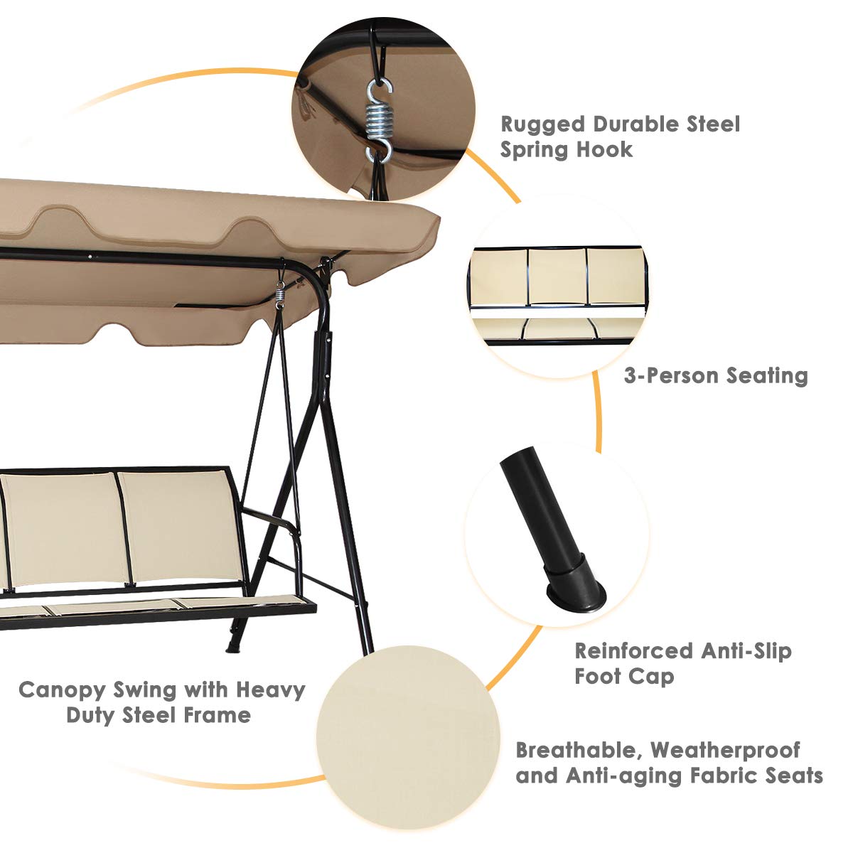 Tangkula 3-Person Outdoor Patio Swing with Adjustable Canopy - Heavy Duty Steel Frame & Weather-Resistant Polyester Fabric - Perfect for Garden, Backyard, Poolside or Balcony Relaxation (Brown) | Ideal for Lounging, Reading & Outdoor Entertaining