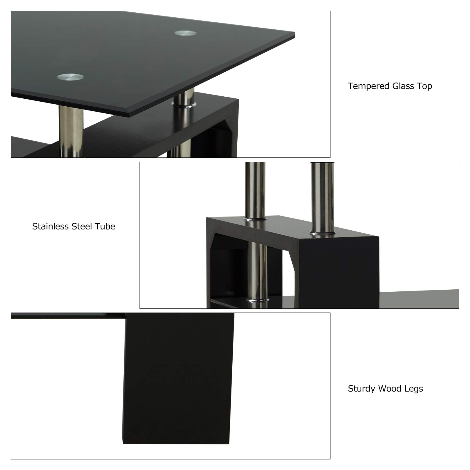 Upgraded Modern Black Glass Top Coffee Table with Storage Shelf - 43 Inch Rectangle Living Room Center Table with Wooden Legs - Perfect for Lounge, Sofa Side Table, and Home Decor