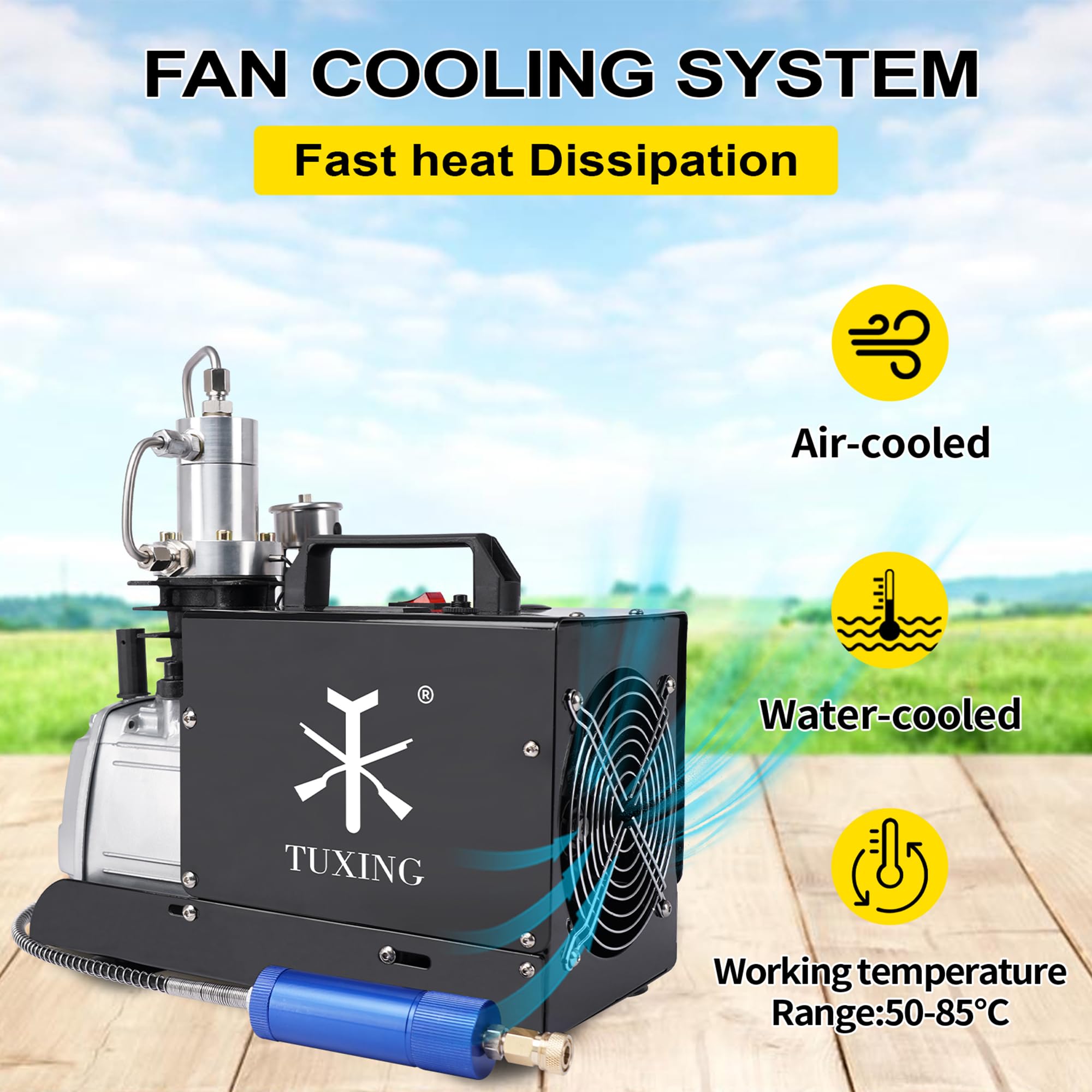 TUXING 4500Psi PCP Air Compressor with Adjustable Auto Stop - High Pressure Water Cooling Pump for PCP Air Rifles & Scuba Tank Charging - 110V Portable Compressor for Hunting, Paintball & Diving (Model TXES022)
