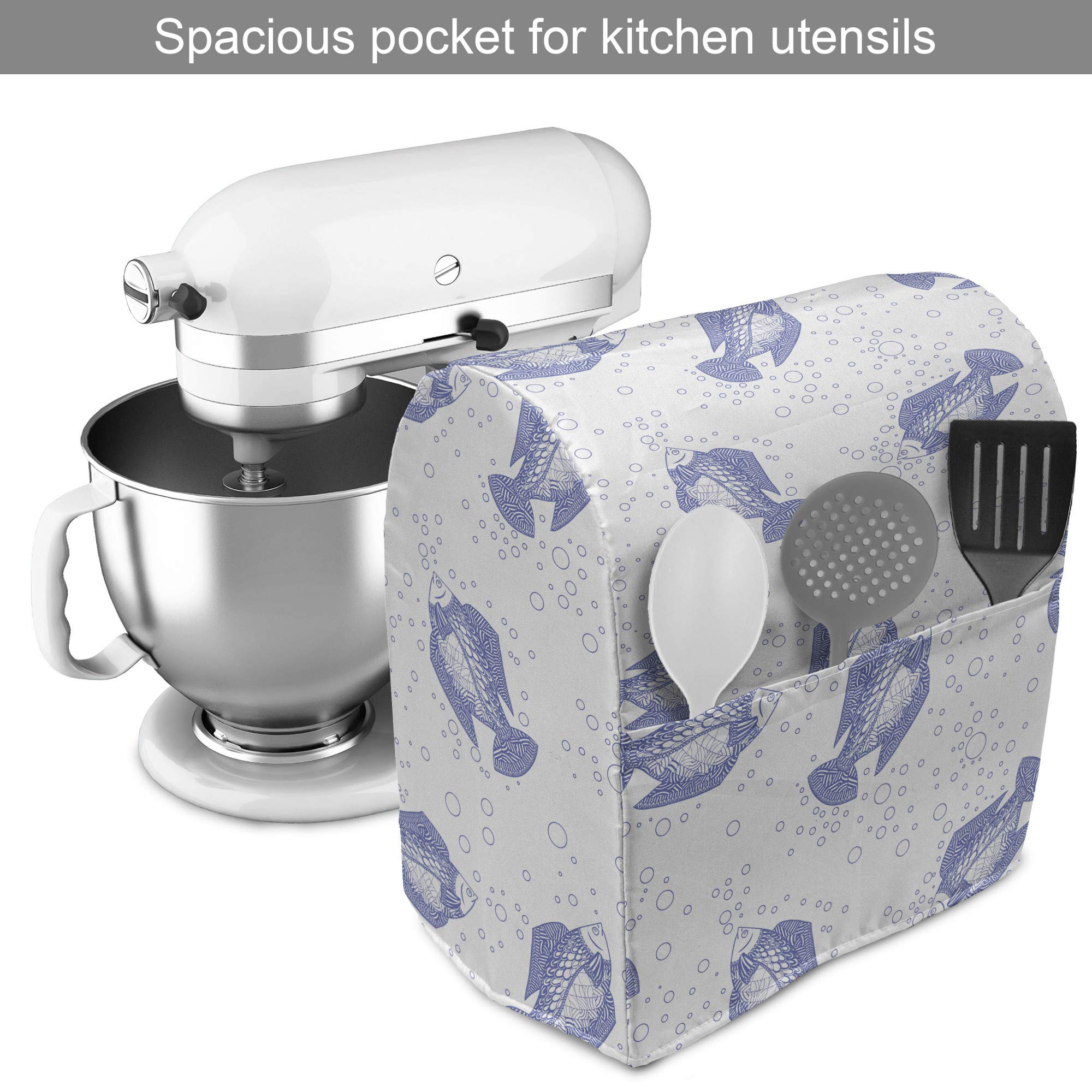 Ambesonne Waterproof Stand Mixer Cover with Pocket - 6-8 Quart Kitchen Appliance Organizer Bag, Dark Teal Blue & White Ocean Fish Pattern - Perfect for Baking Enthusiasts & Kitchen Organization