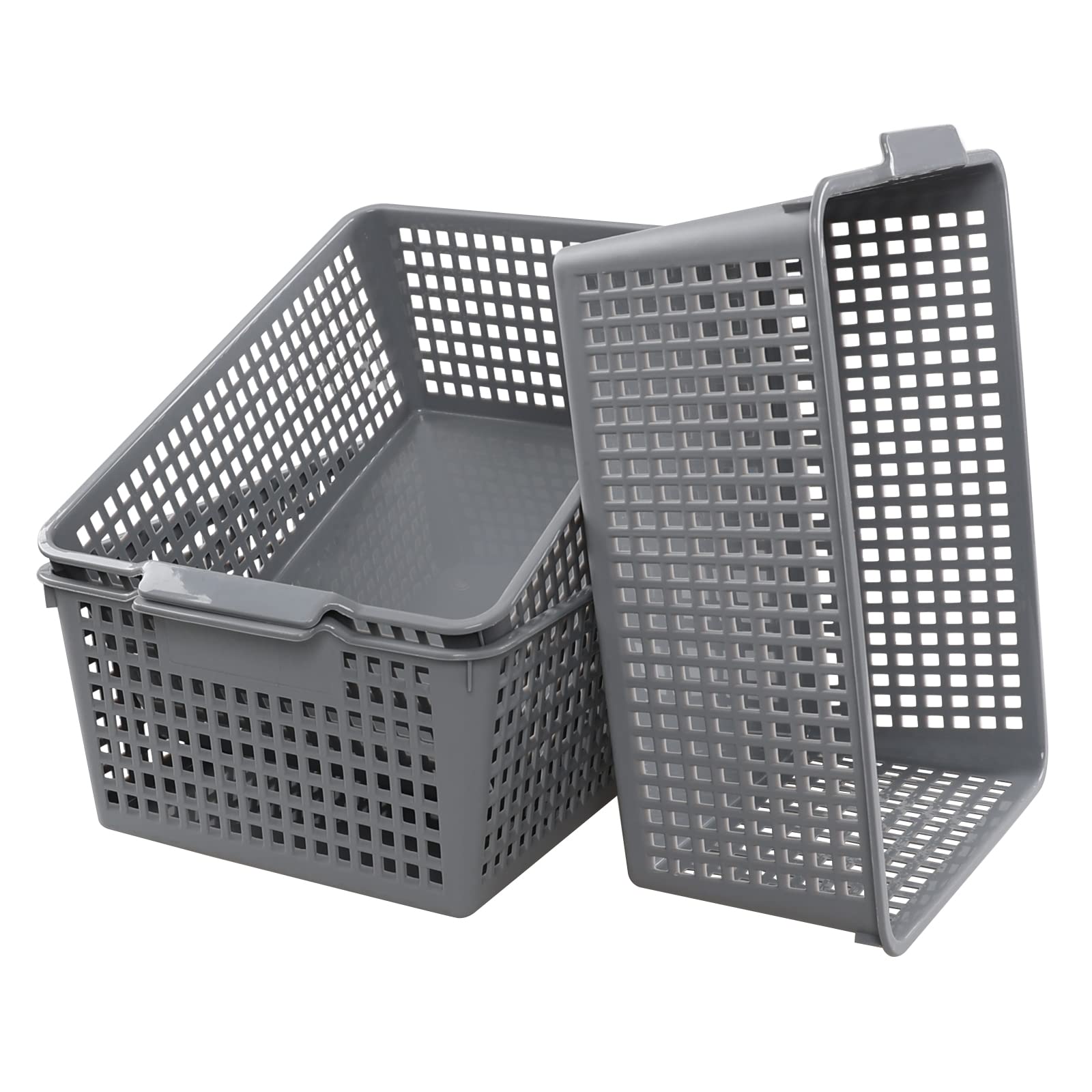 3-Pack Large Plastic Storage Baskets - Grey for Home & Office Organizing