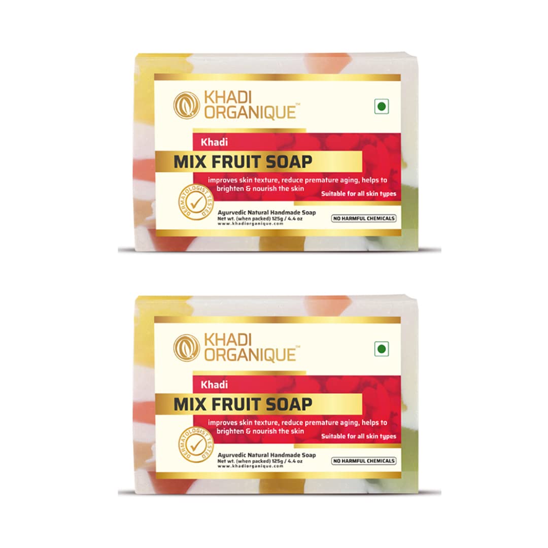 KHADI ORGANIQUE Mix Fruit Soap - 125g (Pack of 2) | Natural Handmade Soap with Fruit Extracts for Soft & Glowing Skin | Perfect for Daily Face & Body Cleansing, Gift Sets