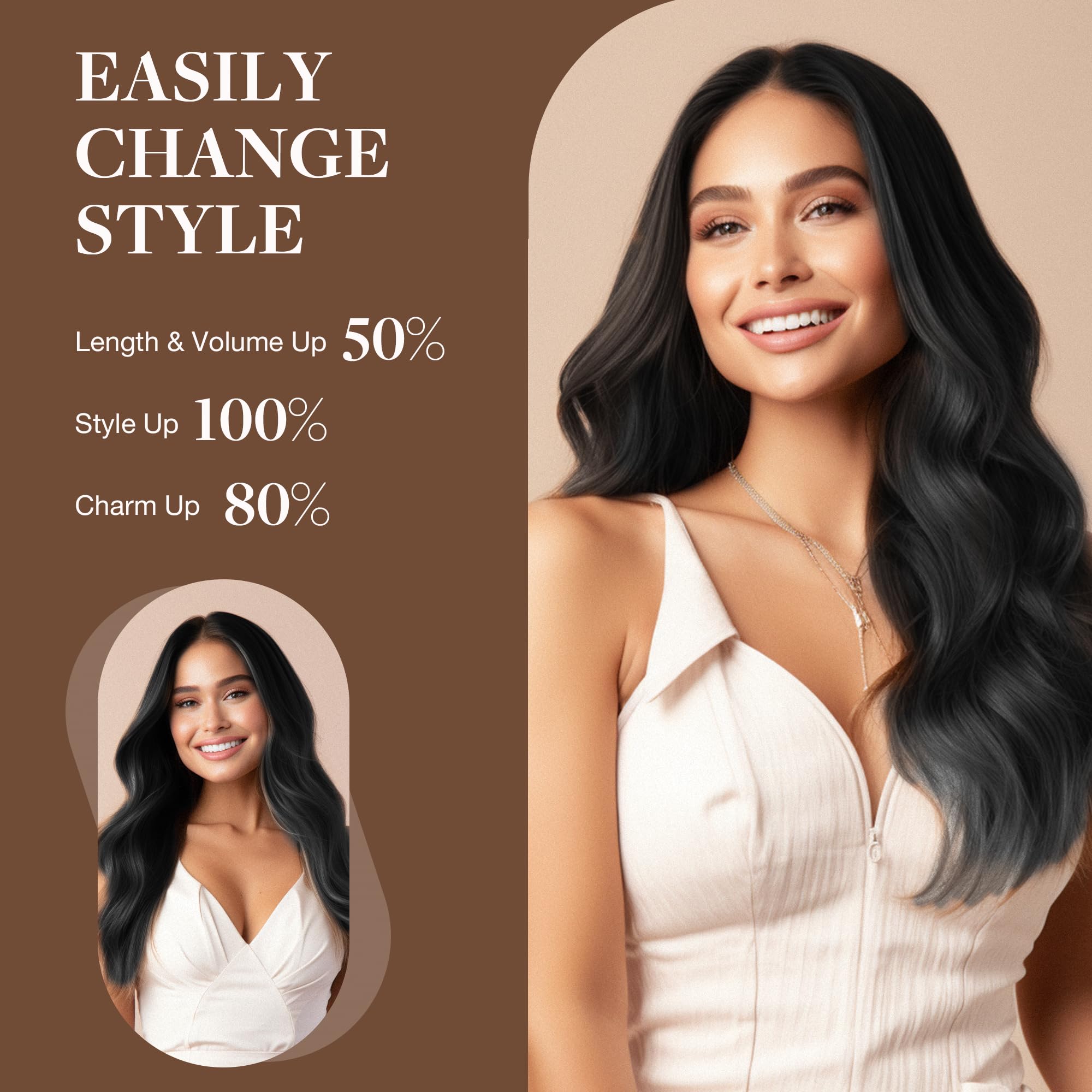 GOO GOO 20 Inch Jet Black Human Hair Extensions - 110g Invisible Wire Hairpiece with Transparent Fish Line for Seamless Blending | Perfect for Parties, Weddings, and Daily Styling
