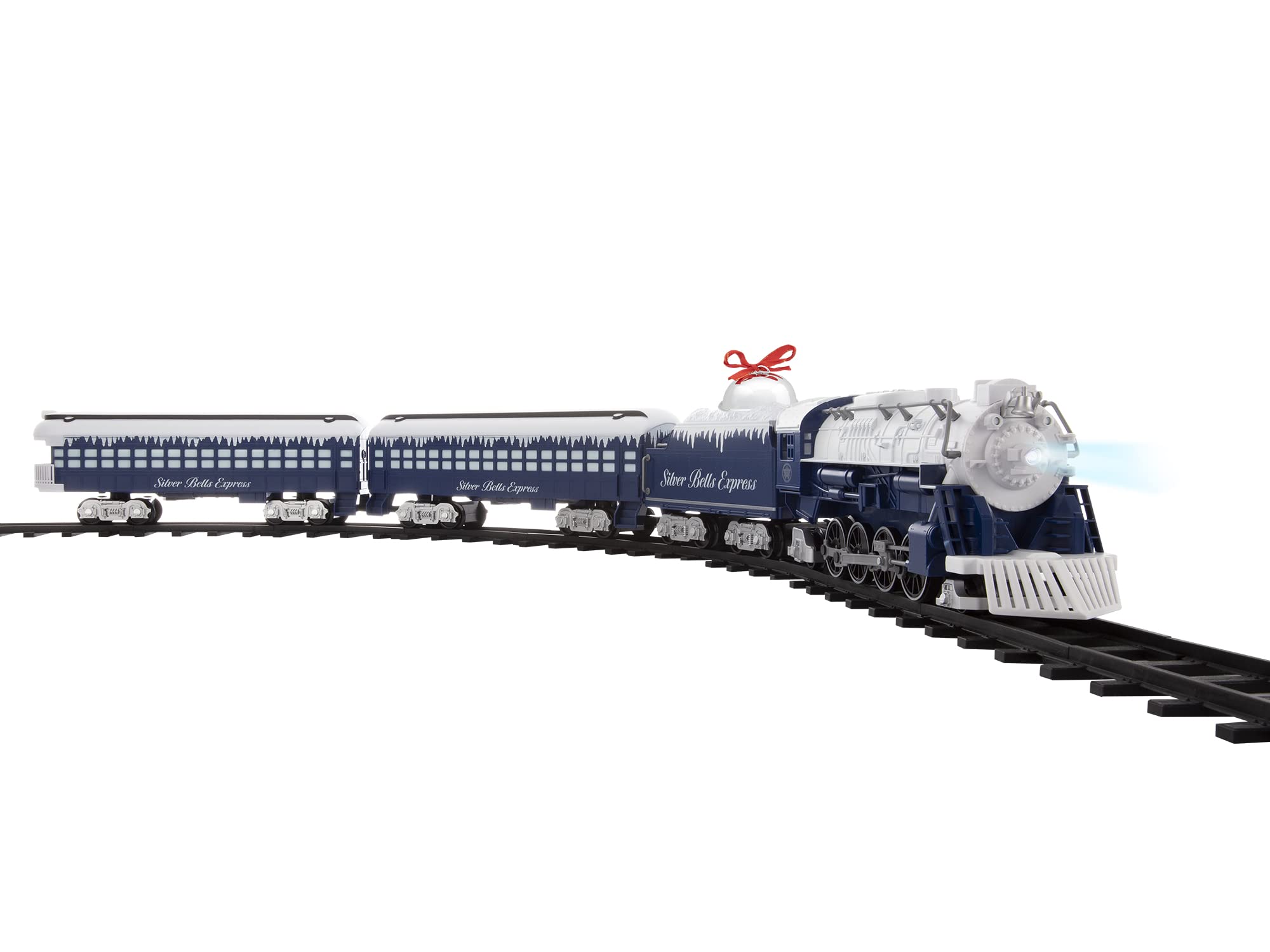 Lionel Battery-Powered Silver Bells Express Electric Train Set with Locomotive, 4 Train Cars, Oval Track & Remote Control - Realistic Train Sounds & LED Lights for Kids Ages 4+ | Christmas Decor, Holiday Display & Children's Educational Toy