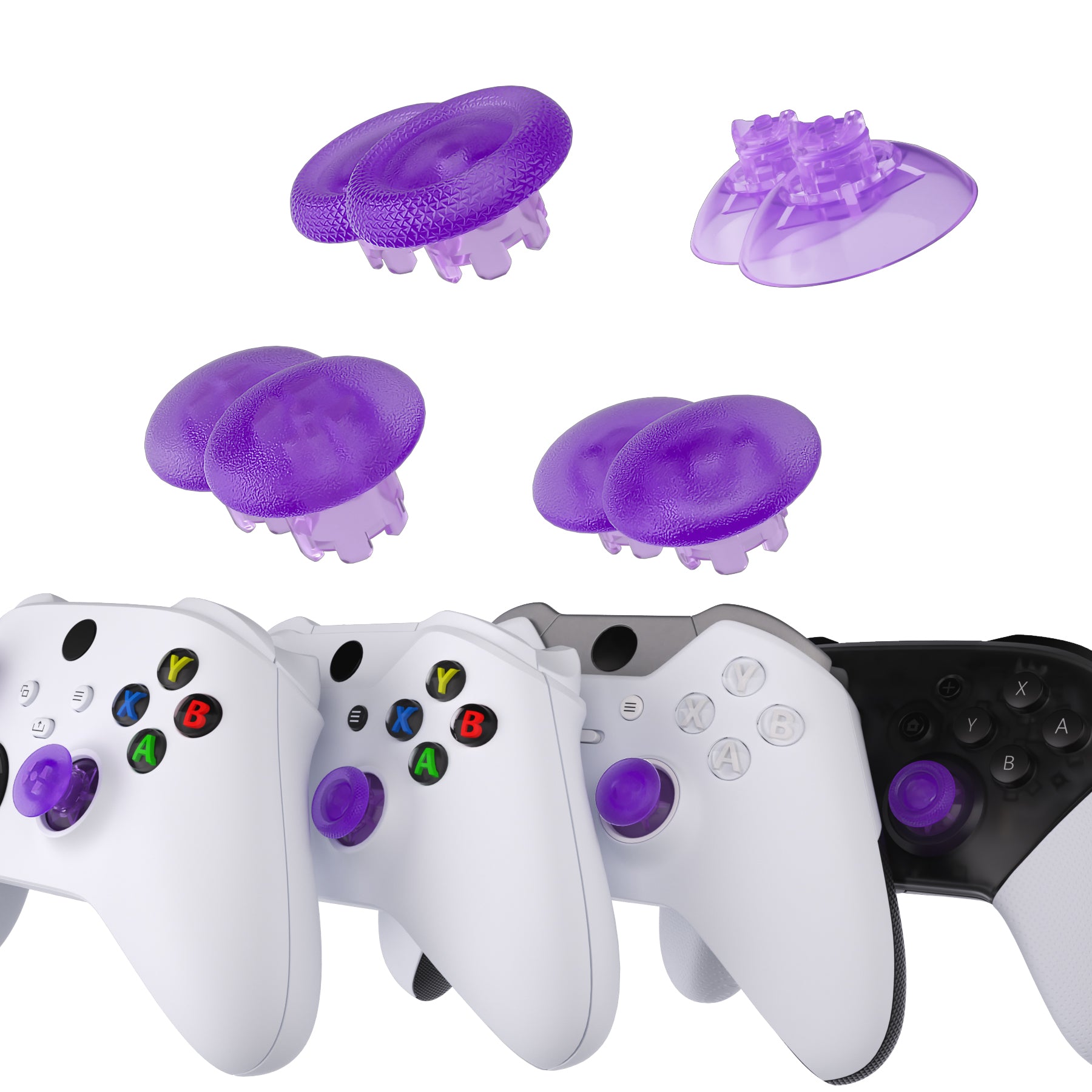 eXtremeRate Clear Atomic Purple Interchangeable Thumbsticks for Xbox Core/One S/X/Elite V1 & Nintendo Switch Pro Controller - Replaceable Analog Joystick for Enhanced Gaming Performance - Perfect for FPS, Racing & Action Games
