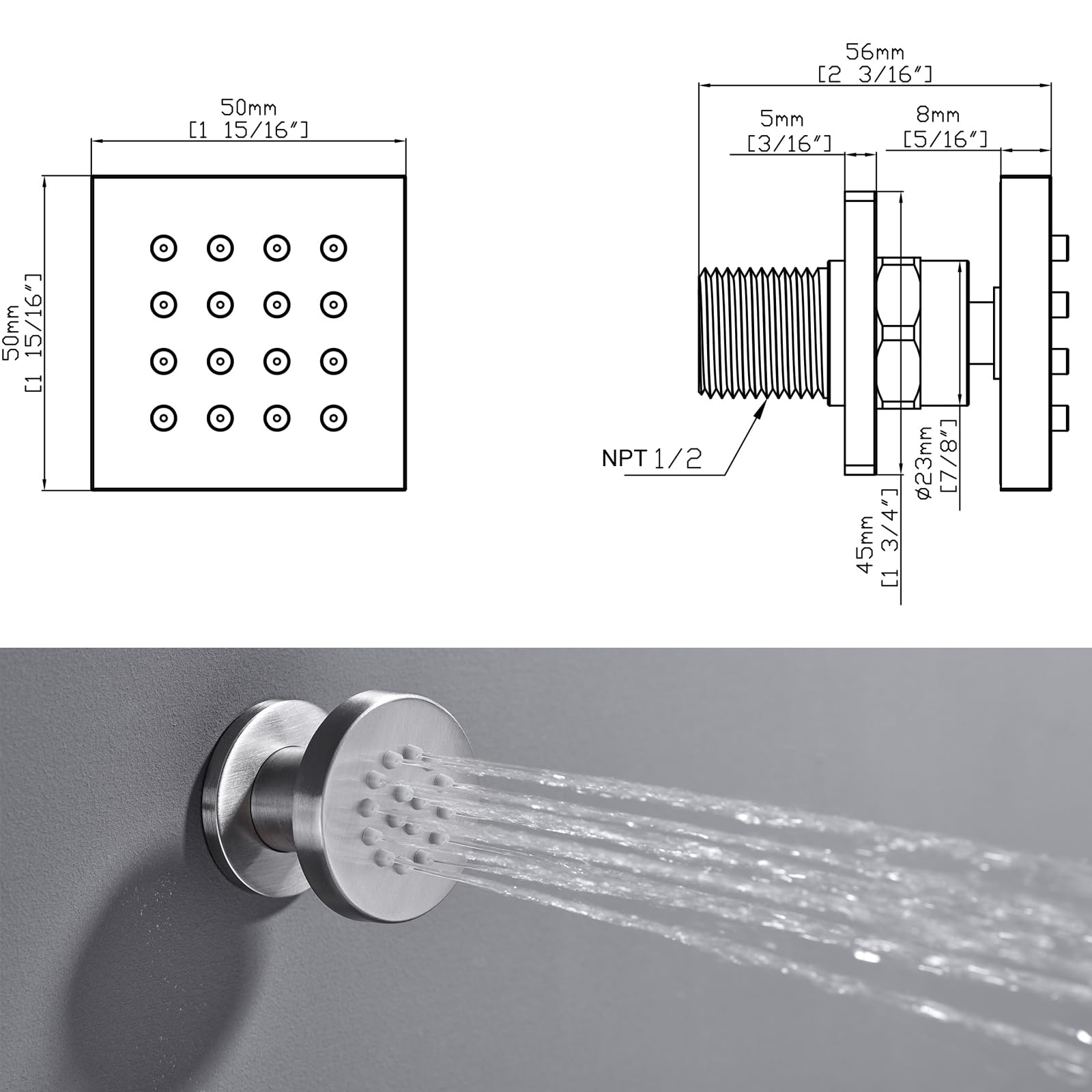 4PCS Round Shower Body Jet Spray with On/Off Flow Control - Brushed Nickel Brass Head for Spa Massage - Perfect for Bathroom Renovation & Luxury Shower Experience
