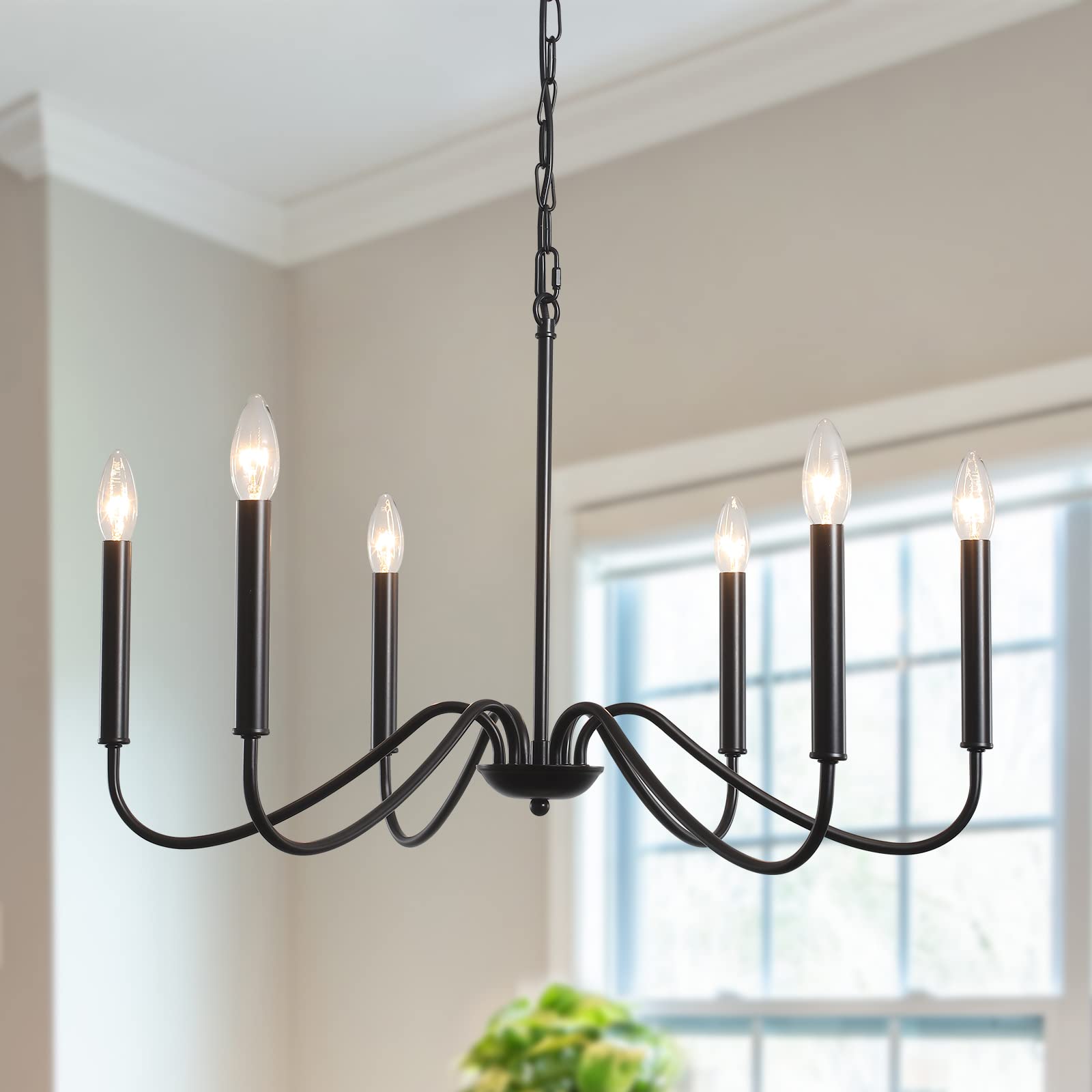 Vintage Black Farmhouse Chandelier - 6-Light Industrial Iron Pendant Lighting Fixture, Rustic Candle Style Ceiling Light for Bedroom, Living Room, Dining Room & Kitchen Island - Perfect for Farmhouse Decor, Restaurant Lighting and Cozy Home Ambiance