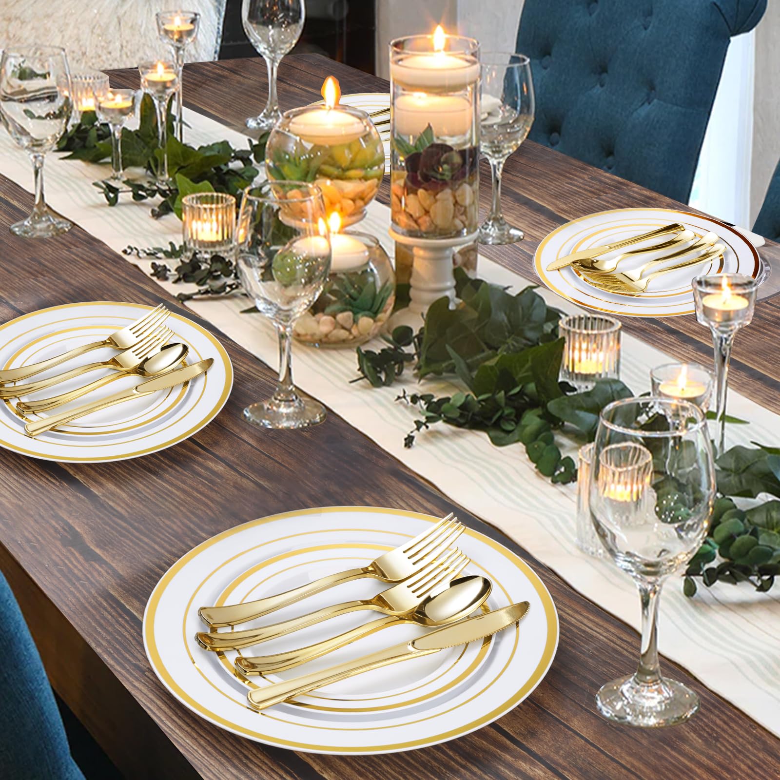 600-Piece Elegant Gold Plastic Plate Set for 100 Guests - Disposable Dinnerware for Weddings, Parties & Birthdays - Includes 200 Plates, 200 Forks, 100 Spoons & 100 Knives - Perfect for Elegant Events, Catering & Special Occasions
