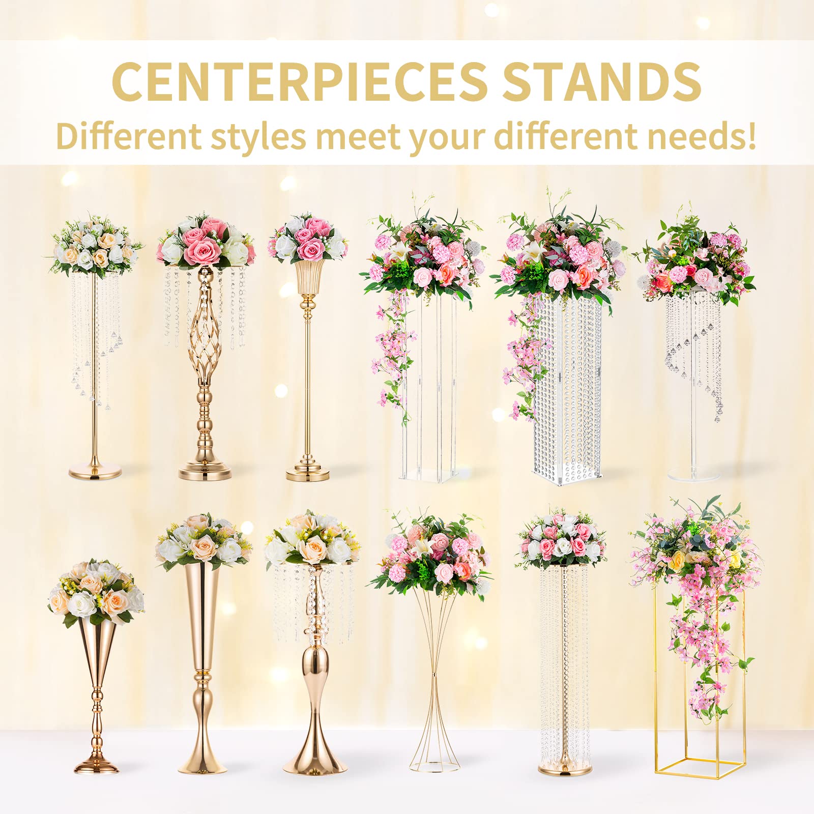10 Pcs 35.4in Tall Crystal Gold Wedding Vases - Elegant Metal Flower Stand Centerpieces for Party Table Decorations, Bulk Wedding Decor, Table Chandeliers | Perfect for Wedding Receptions, Bridal Showers & Banquet Hall Decor