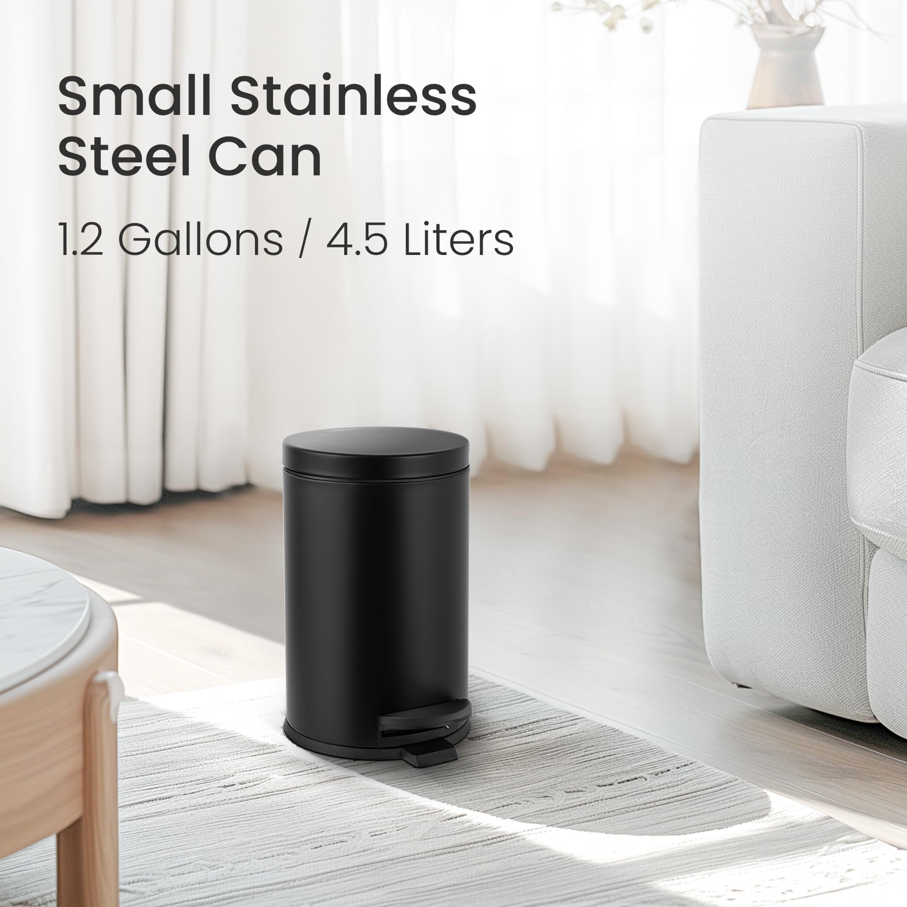 Cesun 1.2 Gallon Small Black Trash Can with Lid & Foot Pedal - 4.5L Mini Round Waste Bin for Bathroom, Bedroom, Office - Matte Black Garbage Can for Home, Kitchen, Dorm & Small Spaces