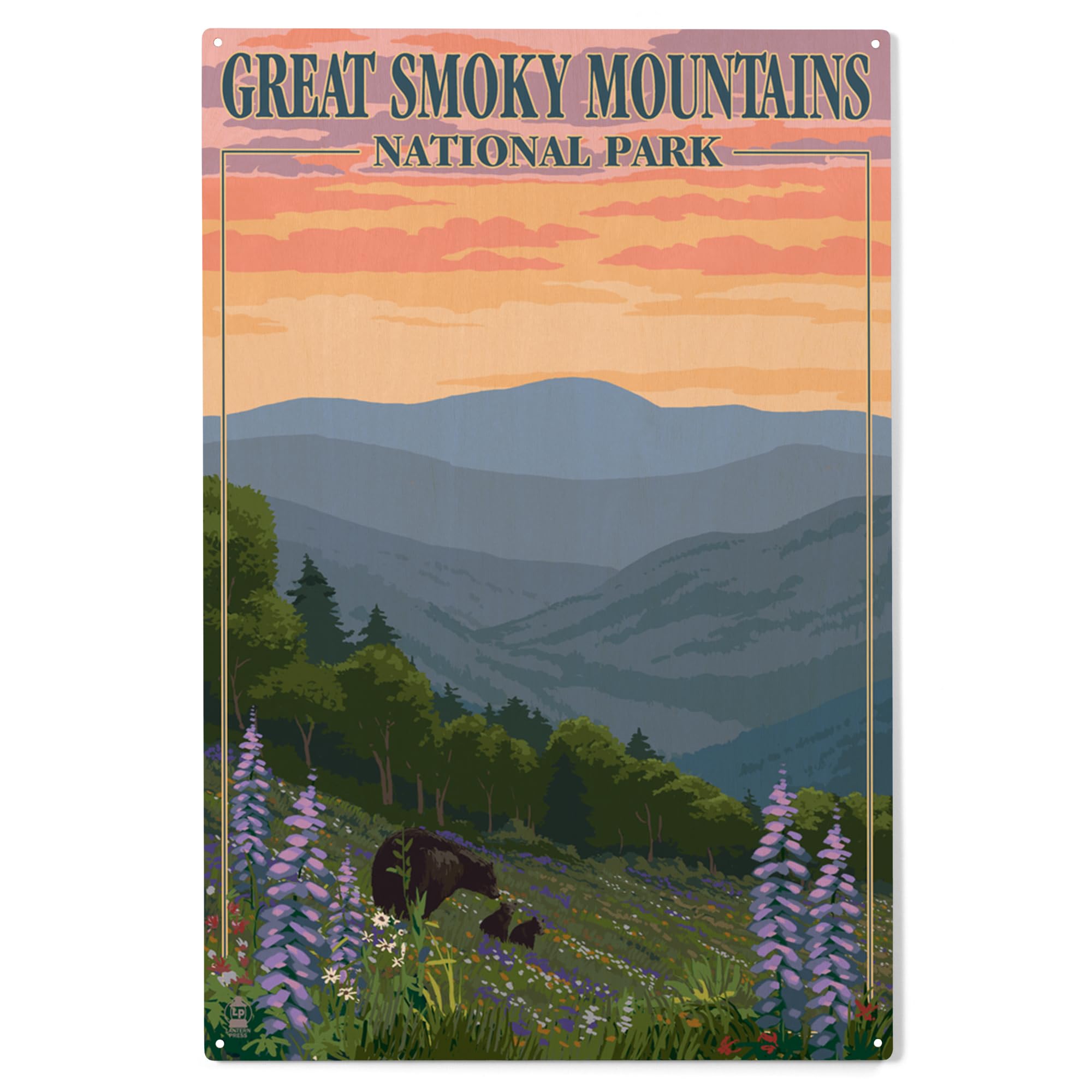 Lantern Press 10x15 Inch Wooden Wall Sign - Ready to Hang Smoky Mountains National Park Decor with Bear & Spring Flowers Design - Perfect for Cabin, Living Room or Outdoor Patio Decor