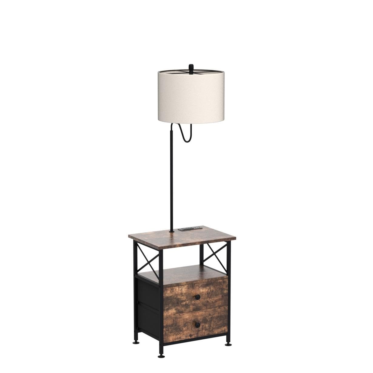 LOKHOM Rustic End Table with Built-in Lamp & USB Type-C Charging - Nightstand with 2 Outlets, 2 Fabric Drawers - Multi-Functional Side Table for Bedroom, Living Room | Perfect as Bedside Lamp, Reading Light & Charging Station