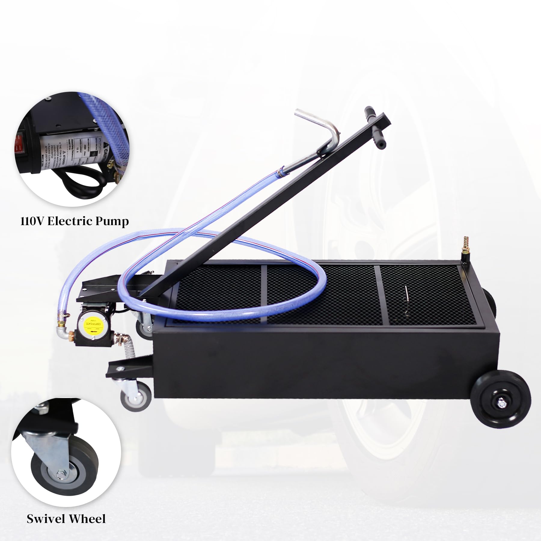 20 Gallon Oil Drain Pan with Electric Pump - Low Profile Oil Change Pan with T-Handle & J-Hook for Easy Draining - Heavy Duty Black Oil Pan for Garage, Workshop & DIY Car Maintenance