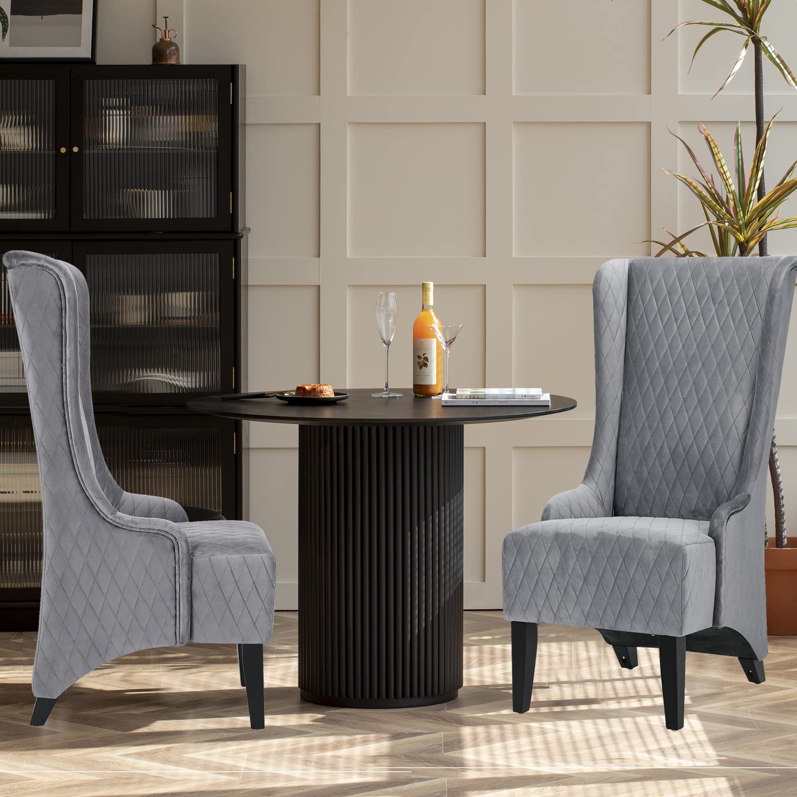 Wing Back Dining Chair - High Back Velvet Upholstered Side Chair for Living Room, Retro Accent Armless Throne Seat in Grey | Perfect for Bedroom, Dining Room, Banquet & Dinner Parties